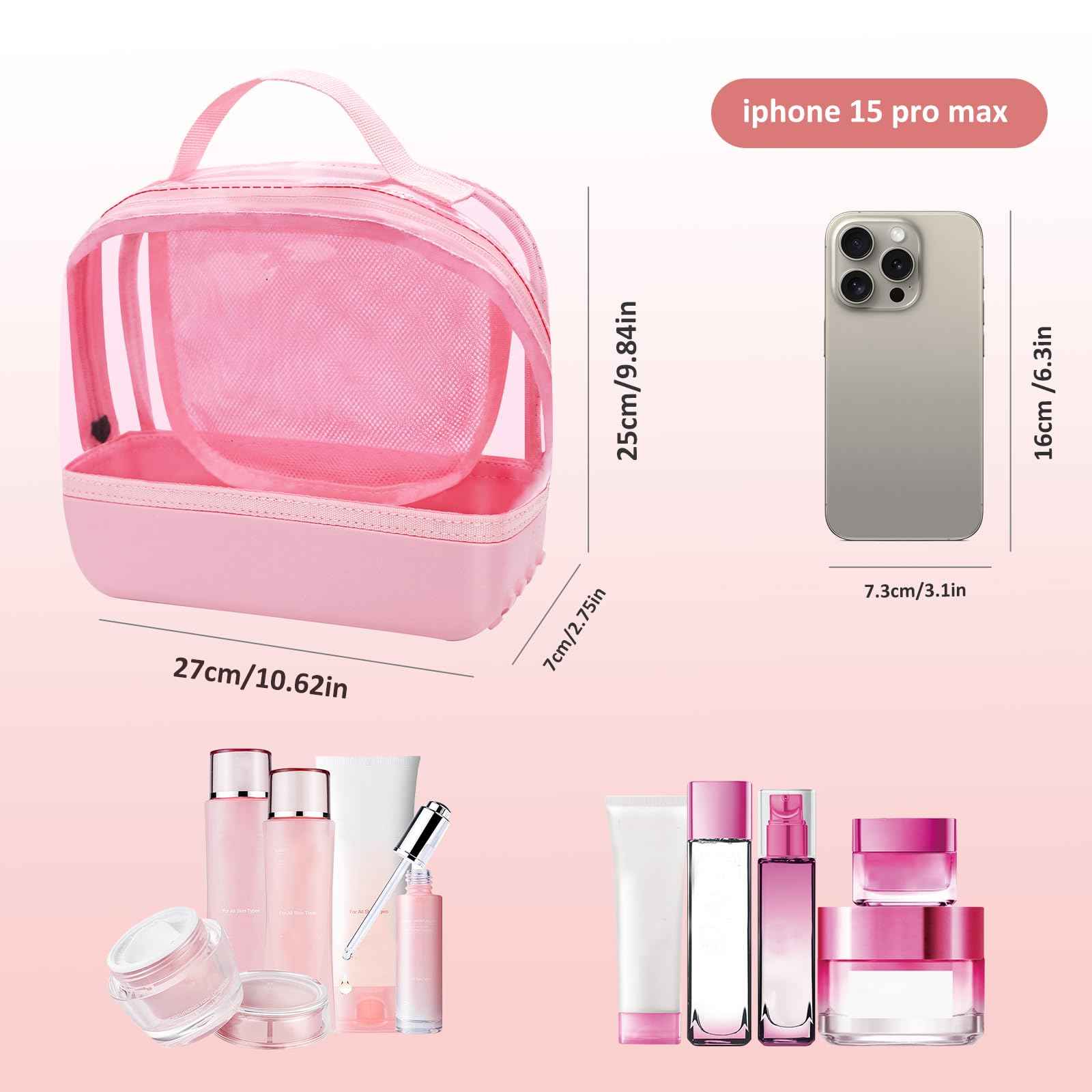 Chokoter Clear Small Makeup Bag, Makeup Pouch Toiletry Bags for Traveling Women, Cosmetic Bag with Waterproof Anti-slip EVA Bottom (Pink)
