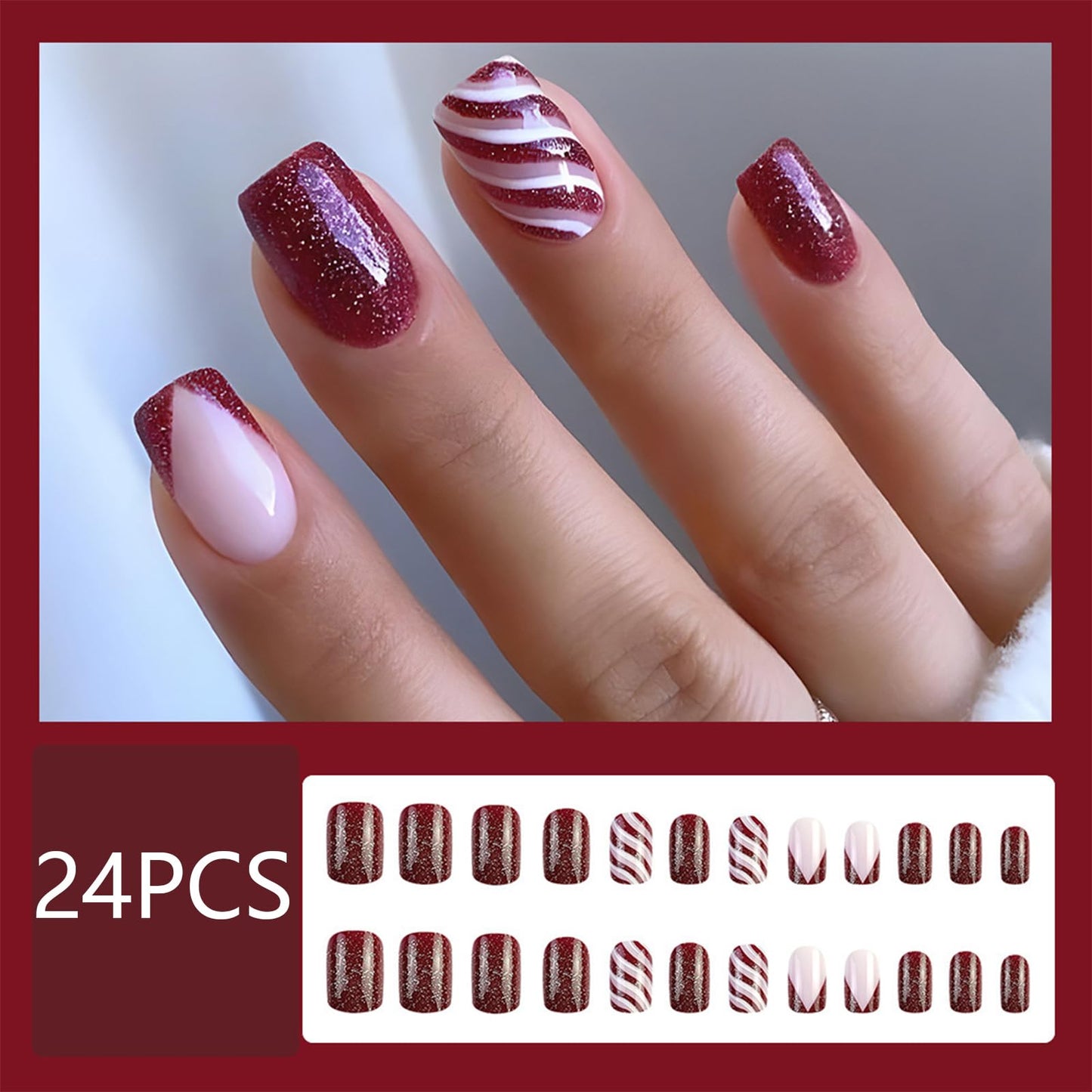 Christmas Press on Nails Short Square Medium Fake Nails Red and White Curve Checkered Glitter Design French Tip False Nails Full Cover on Artificial Nails Glossy Glue on Nails Stick on Nails for Women