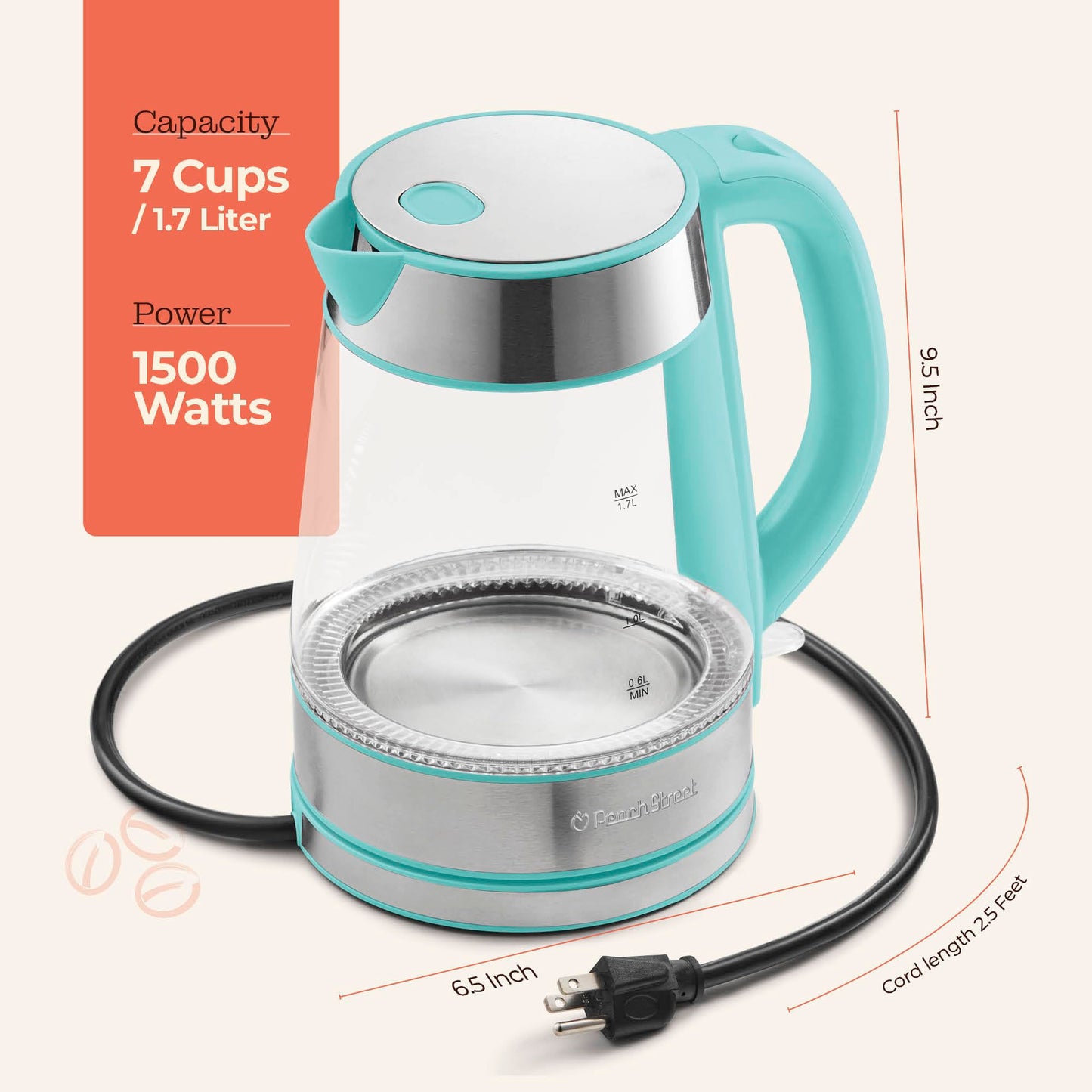 Speed-Boil Water Electric Kettle, 1.7L 1500W, Coffee & Tea Kettle Borosilicate Glass, Water Boiler, Auto Shut-Off, Cool Touch Handle, Base Detachable, LED. 360° Rotation, Boil Dry Protection (Aqua)