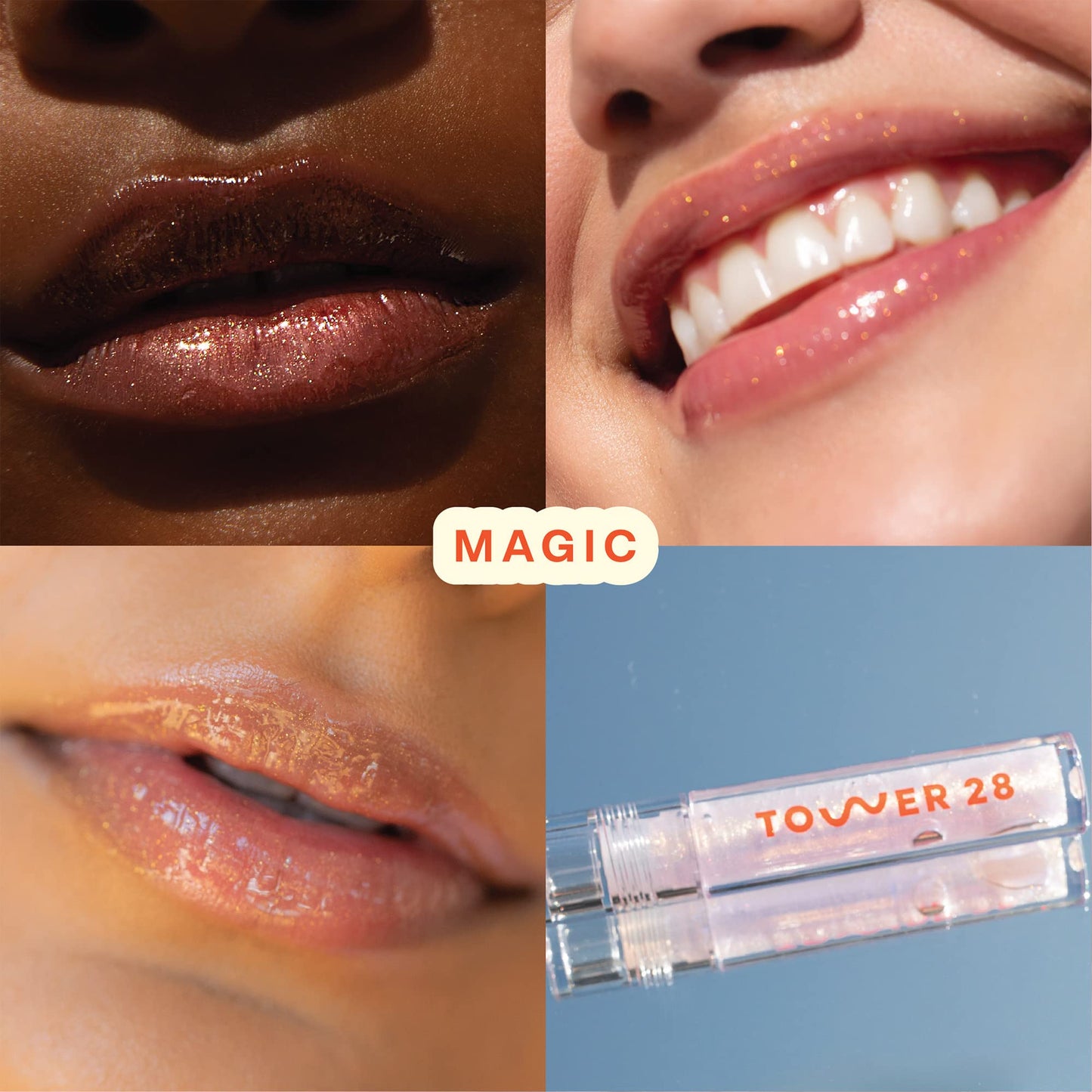 Tower 28 ShineOn Lip Jelly, MAGIC, Non-Sticky Lip Gloss, Clear with Gold Shimmer Vegan Lip Gloss, Moisturizing Apricot and Raspberry Seed Oil, Cruelty Free