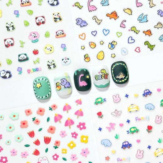 4 Sheets of 3D Nail Stickers - 292 Cute Nail Stickers - Embossed Nail Stickers for Kids | Kawaii Nail Stickers - Flowers, Hearts, Bunny, Panda, Dinosaurs | Glow in The Dark Kids Nail Stickers