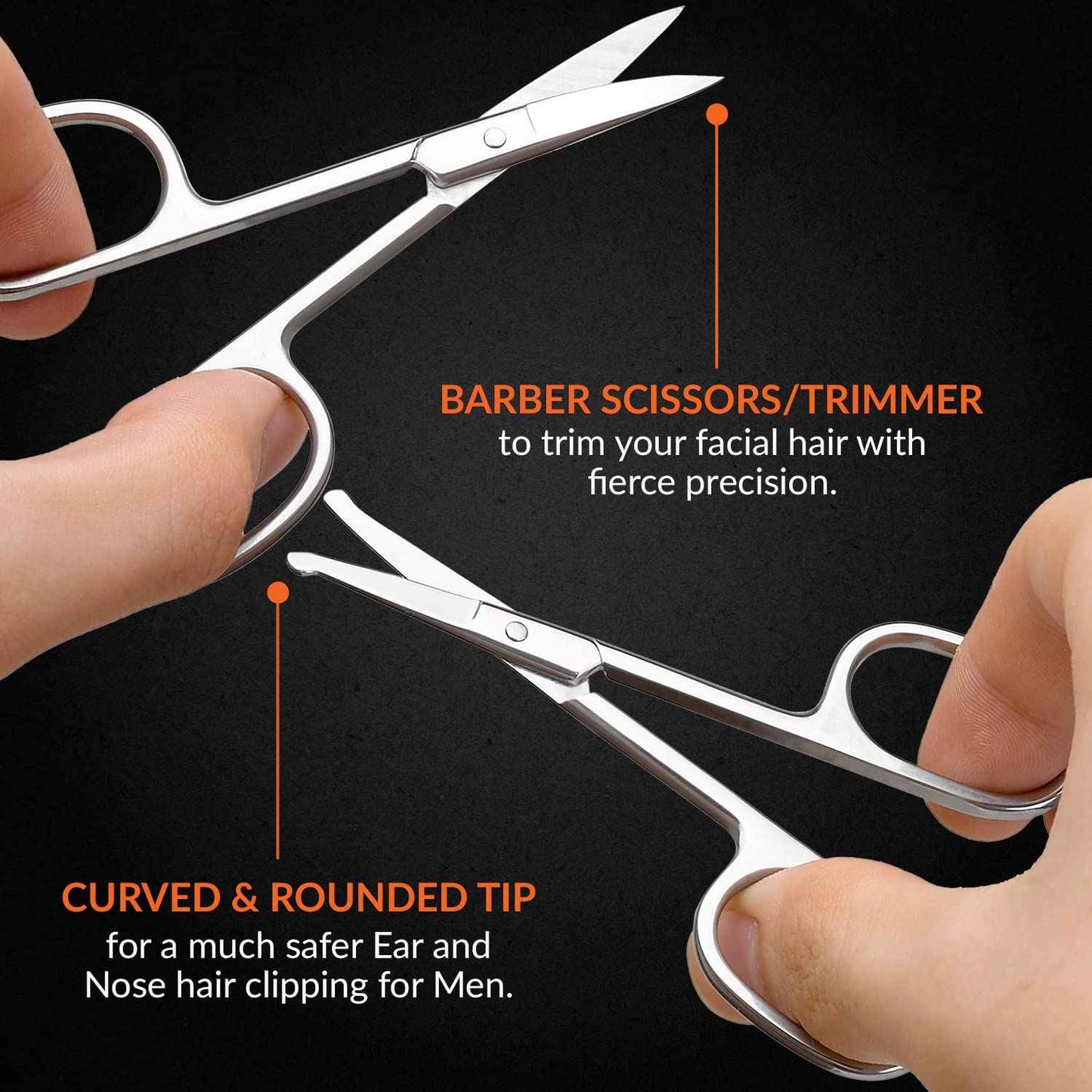 Stainless Steel Grooming Scissors - Eyebrow Scissor, Beard & Mustache Trimming Set, Small Curved & Rounded Tip Facial Hair Trimmer Kit for A Much Safer Ear, Nose Hair Clipper for Men & Travel Case