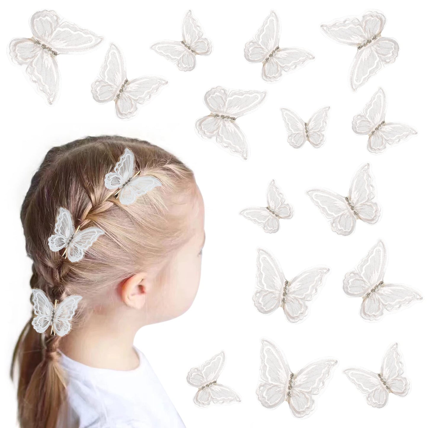 Butterfly Hair Clips 2.6 inch Lace Hair Bows Embroidery Butterfly Hair Pins 15 Pieces Hair Accessories for Halloween Cosplaying Women Girls Teens Hawaii Hair Clips（White,15PCS)