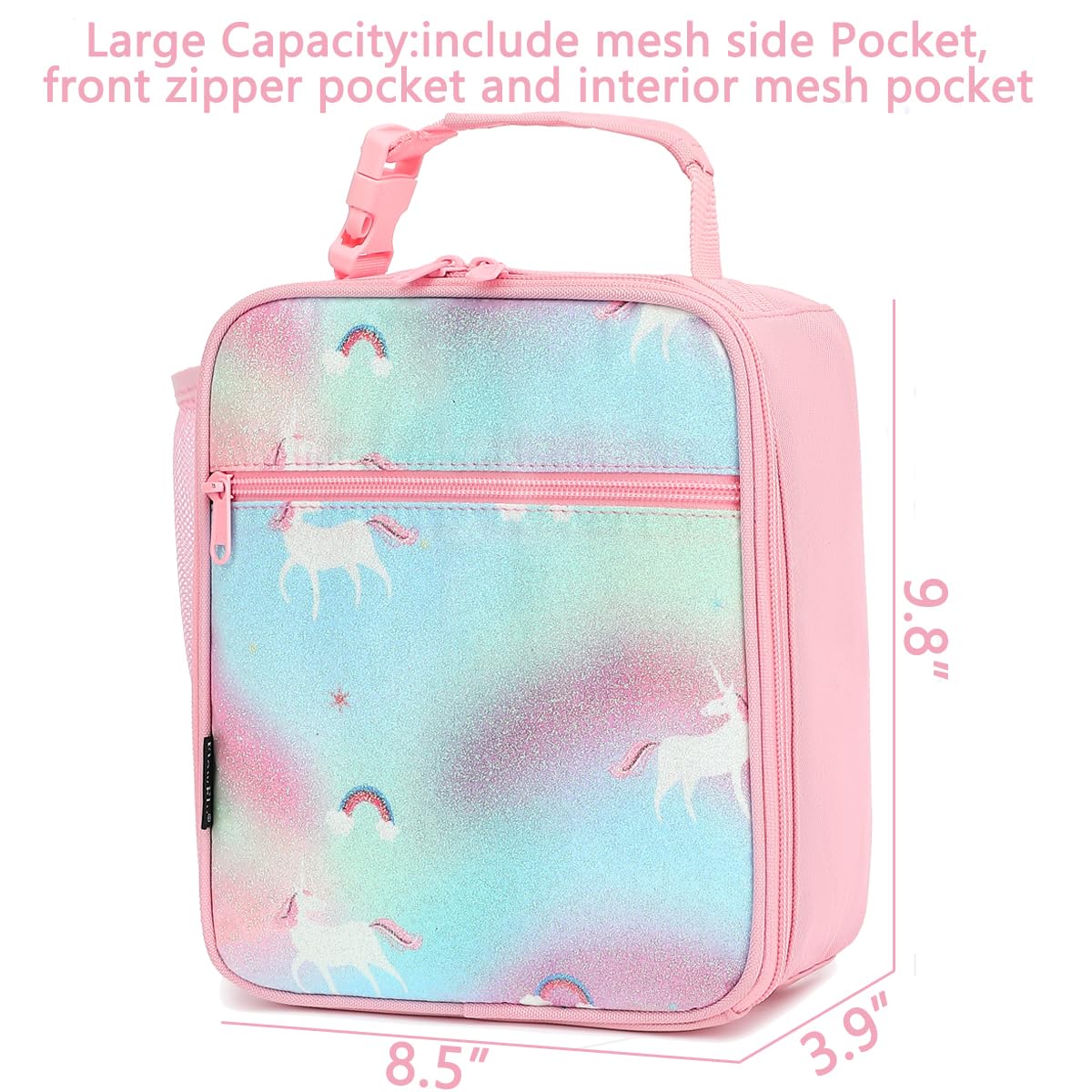 FlowFly Kids Lunch box Insulated Soft Bag Mini Cooler Back to School Thermal Meal Tote Kit for Girls, Boys, Glitter-Unicorn