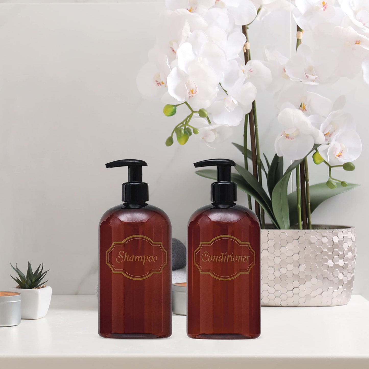 Bottiful Home-16 oz Shampoo and Conditioner Refillable Empty Plastic Pump Bottle Dispenser Set (Amber)