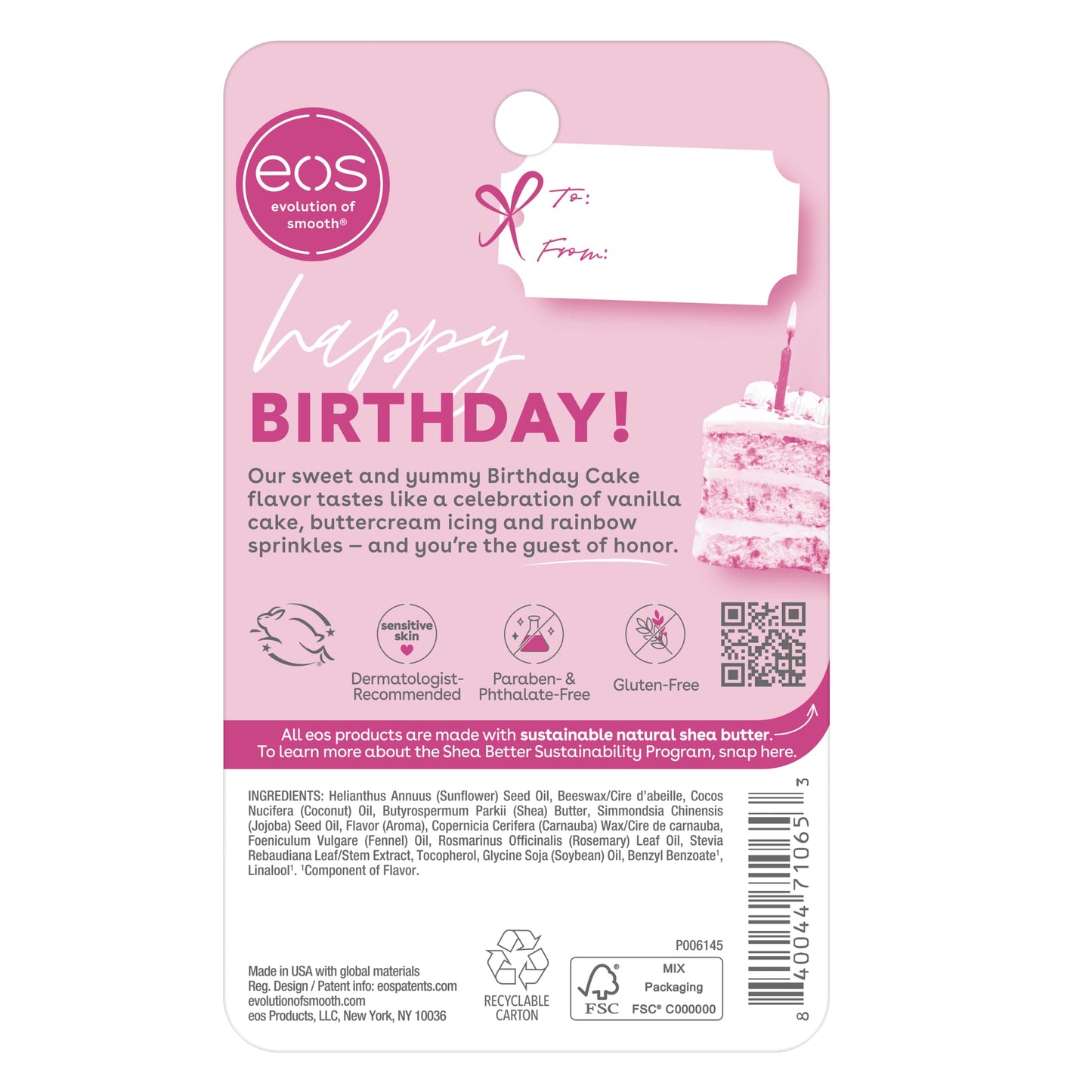 eos Natural Shea Lip Balm- Birthday Cake, Dermatologist Recommended for Sensitive Skin, All-Day Moisture Lip Care Products, 0.14 Ounce (Pack of 2)