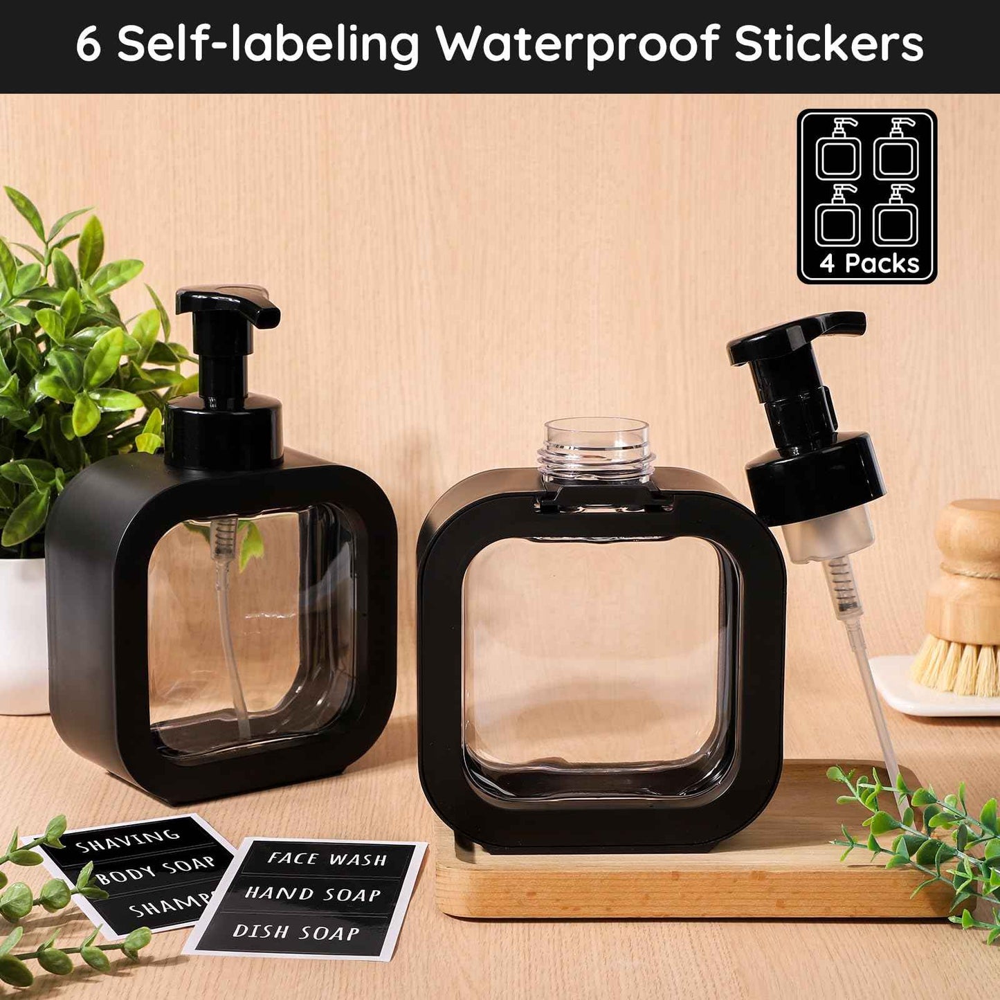 Segbeauty 16.9oz Foam Pump Bottle Set, 4 Packs 500ml Refillable Plastic Foaming Soap Dispenser, Empty Foaming Plastic Soap Dispenser Square Hand Soap Bottles with Foaming Pump for Modern Kitchen Sink