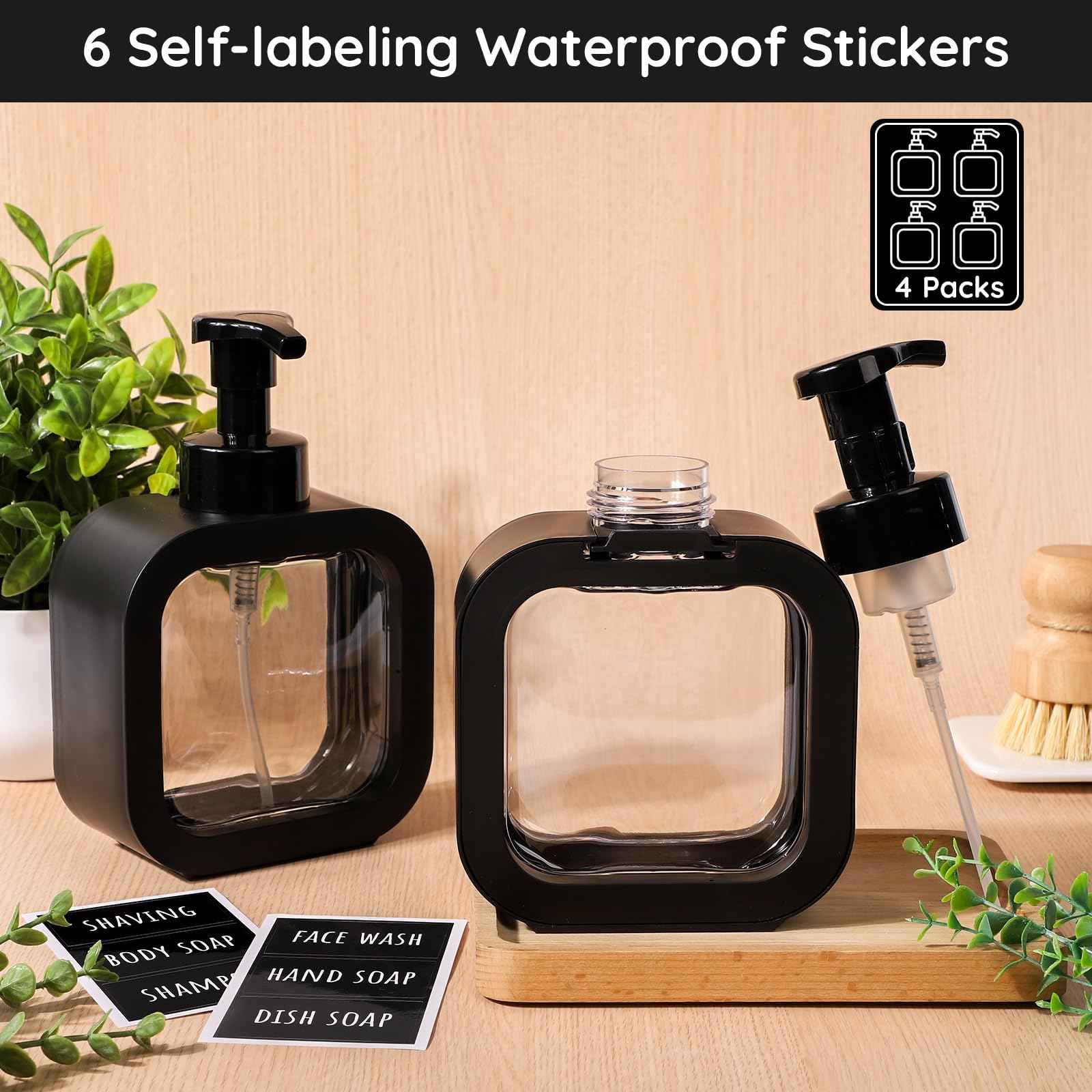 Segbeauty 16.9oz Foam Pump Bottle Set, 4 Packs 500ml Refillable Plastic Foaming Soap Dispenser, Empty Foaming Plastic Soap Dispenser Square Hand Soap Bottles with Foaming Pump for Modern Kitchen Sink