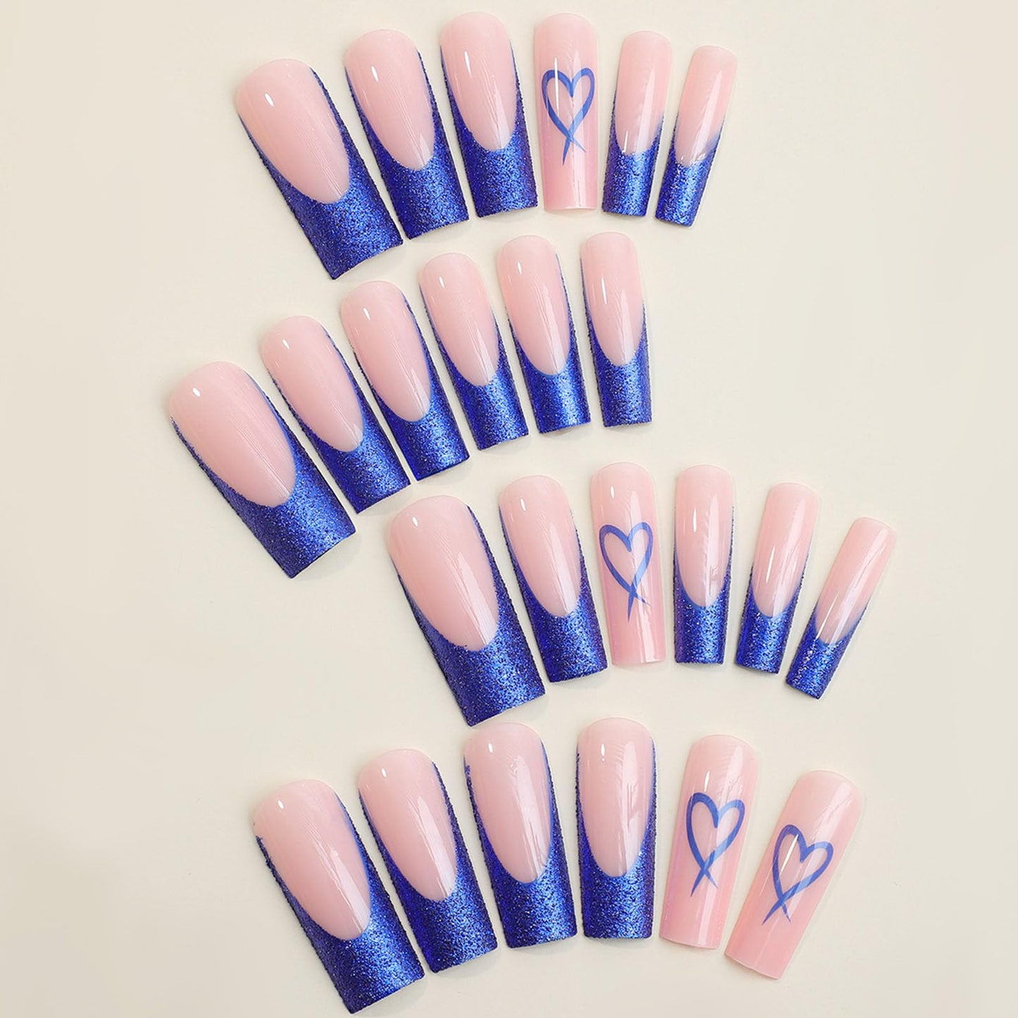 Blue French Tip Press on Nails Long Square Fake Nails Heart Acrylic Nails Nude Translucent Nails Press ons Bling Glitter Glue on Nails Glossy Stick on Nails for Women 24 Pcs