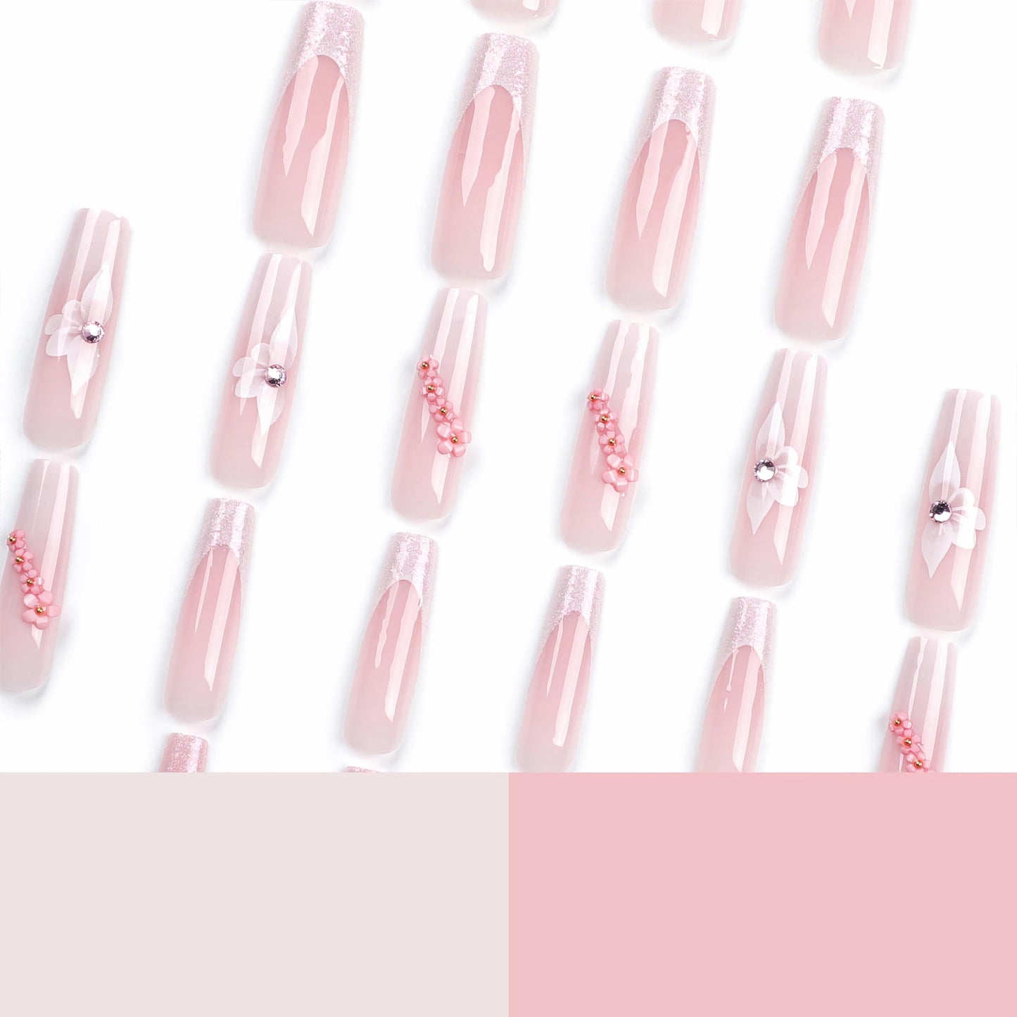 BABALAL French Tip Press on Nails Long Square Fake Nails Pink Glue on Nails Aurora Acrylic Nails 24Pcs 3d Flower Charm Design Squoval Artificial Bling False Nails for Women and Girls