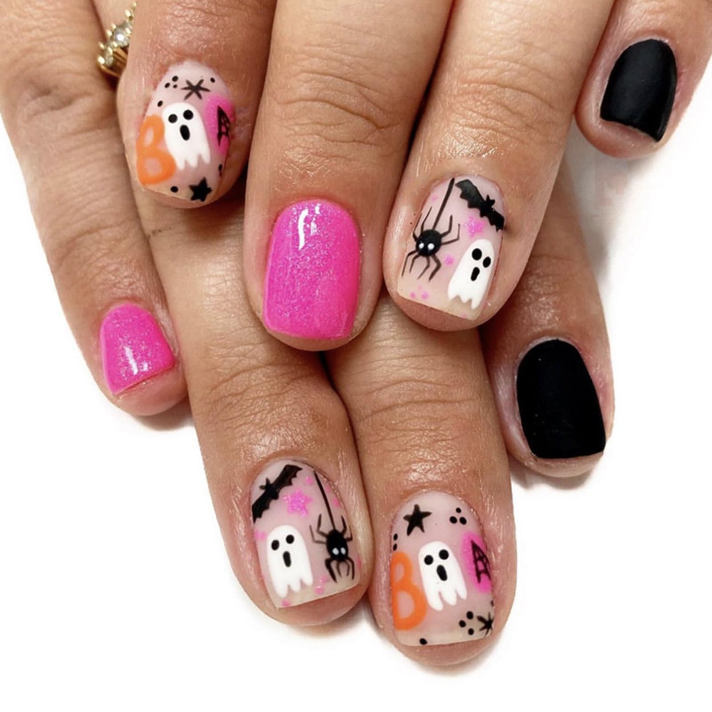 Short Square Press on Nails Halloween Fake Nails Pink Black False Nails Spider Ghost Acrylic Nails Bat Star Artificial Nails Full Cover Stick on Nails Glossy Glue on Nails for Women Girls Manicure