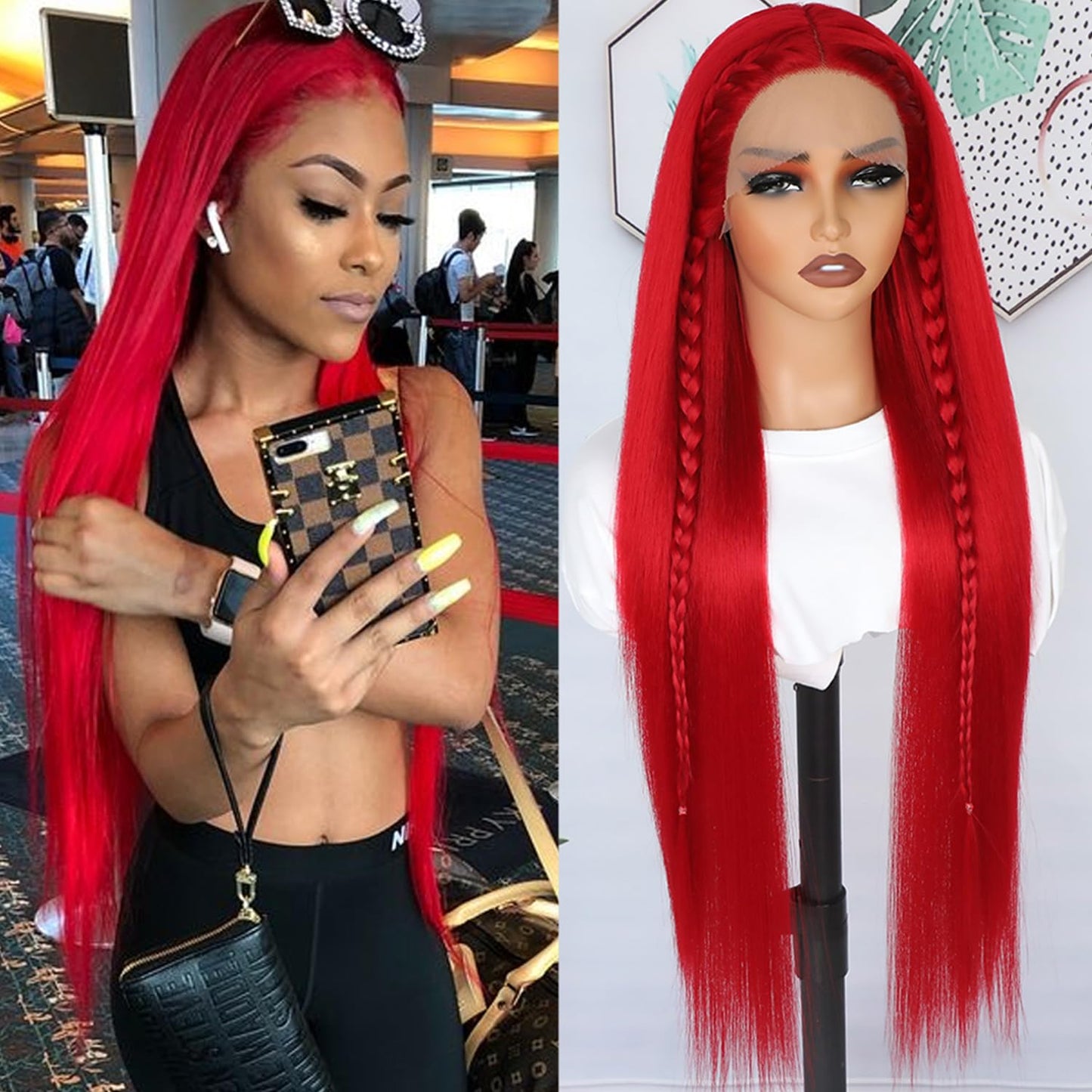 Lezaxiu 30 Inch Red Hair Lace Front Wigs Pre Plucked Long Straight Wig Glueless Red Colored Wigs Heat Resistant Synthetic Lace Front Wigs for Black Women