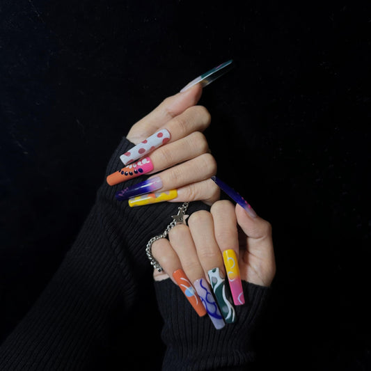 WhyNotNailIt Handmade Long Square False Nails - 10 pc Set with Jelly Gel, Retro Pop Art Theme, Bright Hues & Playful Patterns