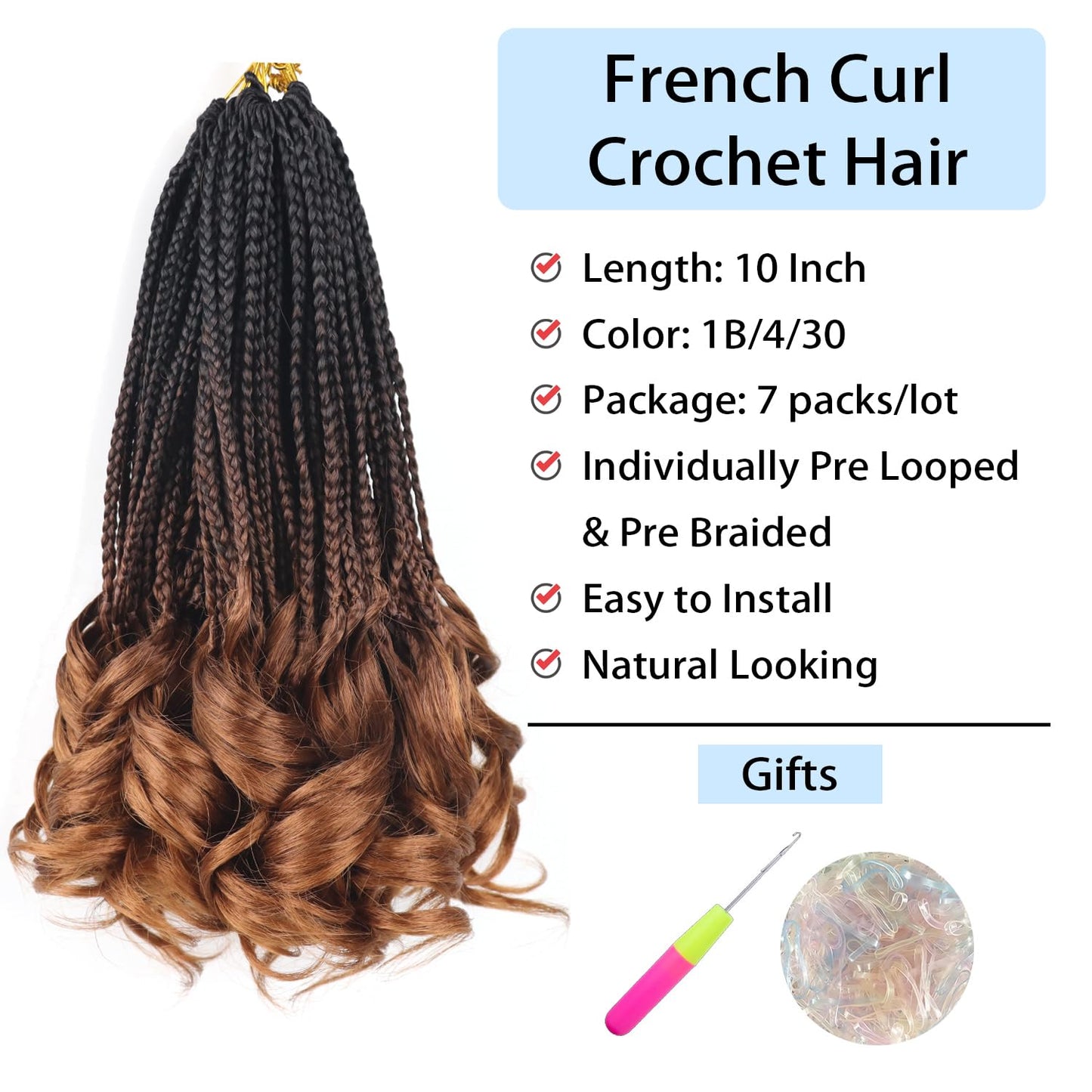 French Curl Braiding Hair 1B/4/30 3 Tone Crochet Hair Crochet Braids for Women 10 Inch French Curl Crochet Braids Box Braids Curly Crochet Hair Pre Looped Braiding Hair Extensions (7 Packs)