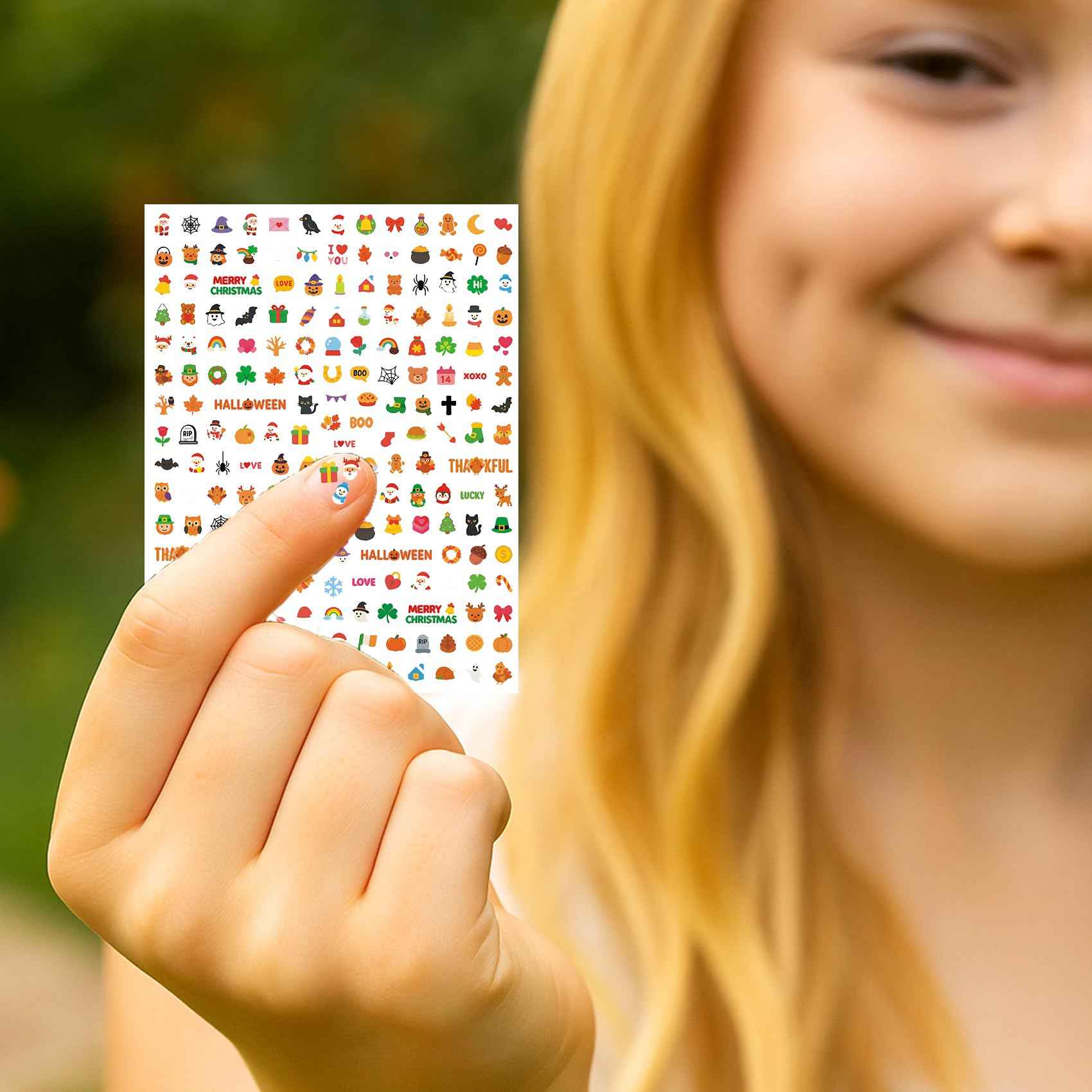 IDDFEVE Mini Nail Stickers for Kids - 1200 Pcs All Holiday Favors for Little Girl, 11 Holidays 3D Cute Halloween, Christmas Designs - DIY Home Nail Art Decals for Toddler Easter Basket (6 Sheets)