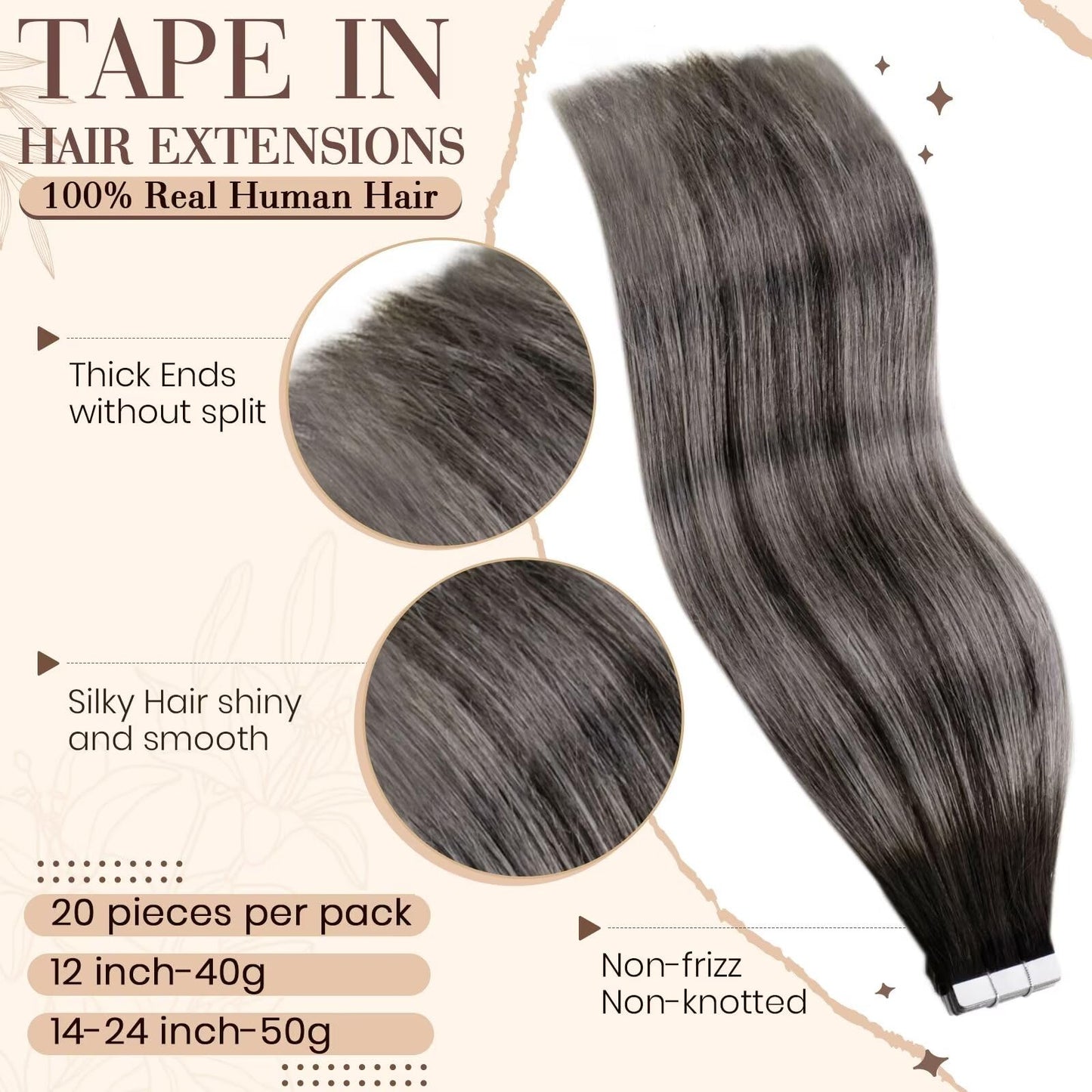 Hetto Tape in Hair Extensions Human Hair Tape in Extensions Black Balayage Silver Grey Ombre 20pcs 12 Inch 40g #1B/Sliver/1B Invisible Tape in Hair Extensions for Women