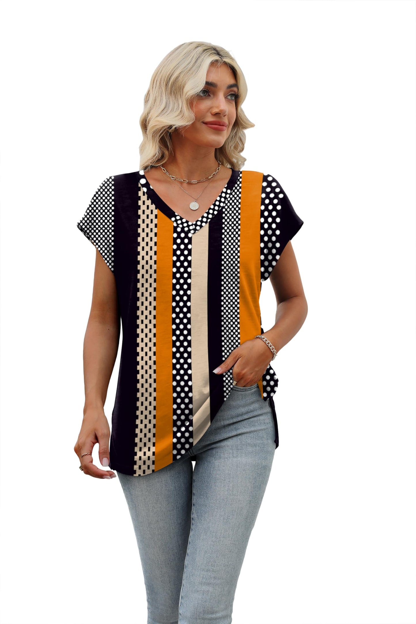 Womens Floral Tops Dressy Casual Black Summer Loose Fit Flower V Neck Tshirts Short Sleeve Outifts Print Striped Dots S