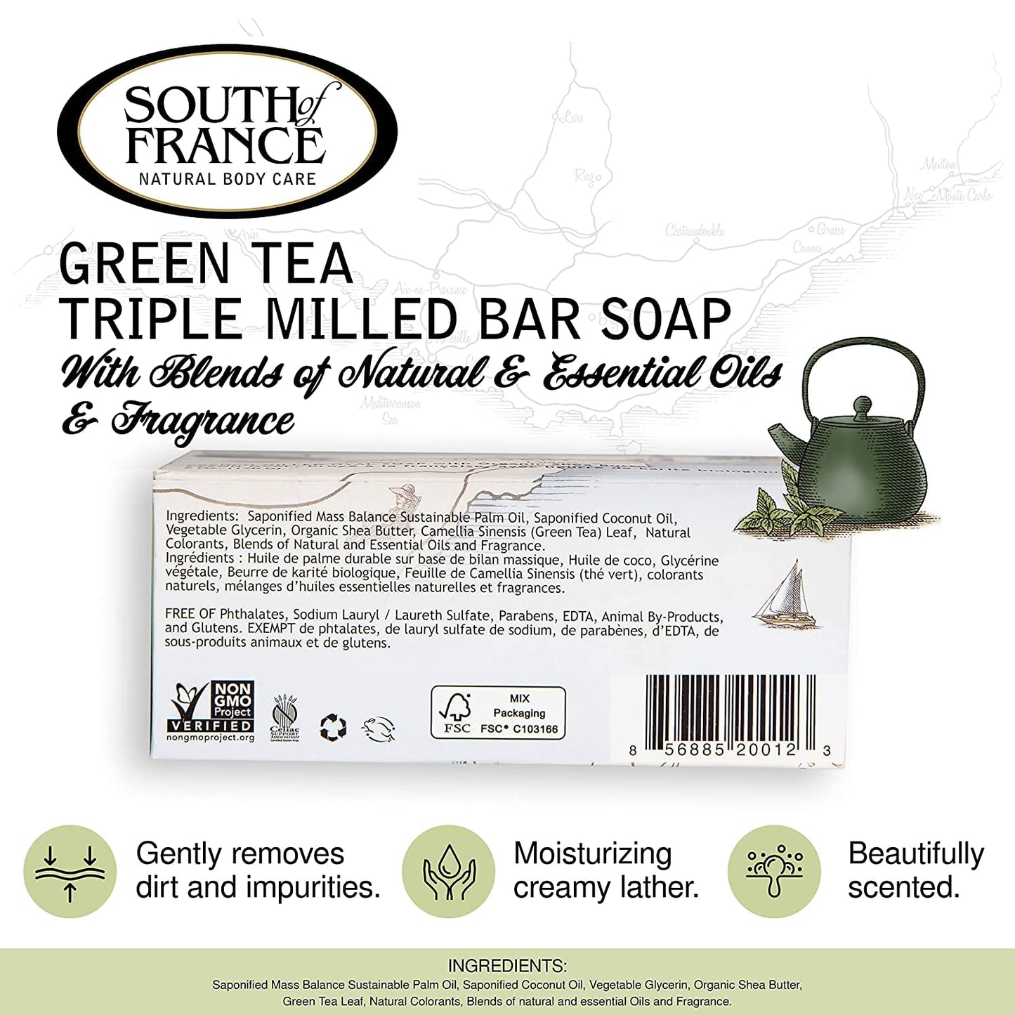 South Of France Natural Body Care Triple Milled Large 6OZ Bar Soap (Green Tea, 4 Bars)