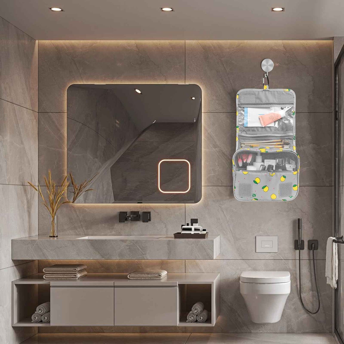 LAKIBOLE Travel Essentials Organizer Bag for Women Toiletry Bag Hanging Multifunction Cosmetic Bag Portable Makeup Pouch Waterproof (Grey & Lemon)