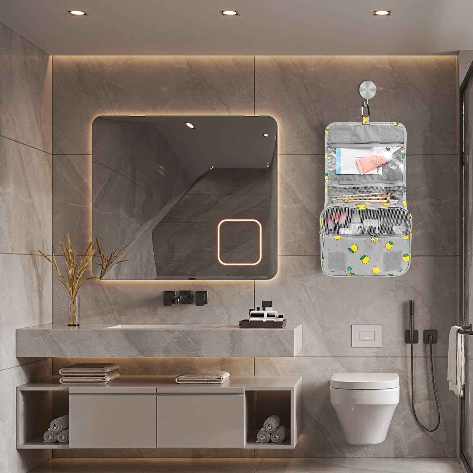 LAKIBOLE Travel Essentials Organizer Bag for Women Toiletry Bag Hanging Multifunction Cosmetic Bag Portable Makeup Pouch Waterproof (Grey & Lemon)