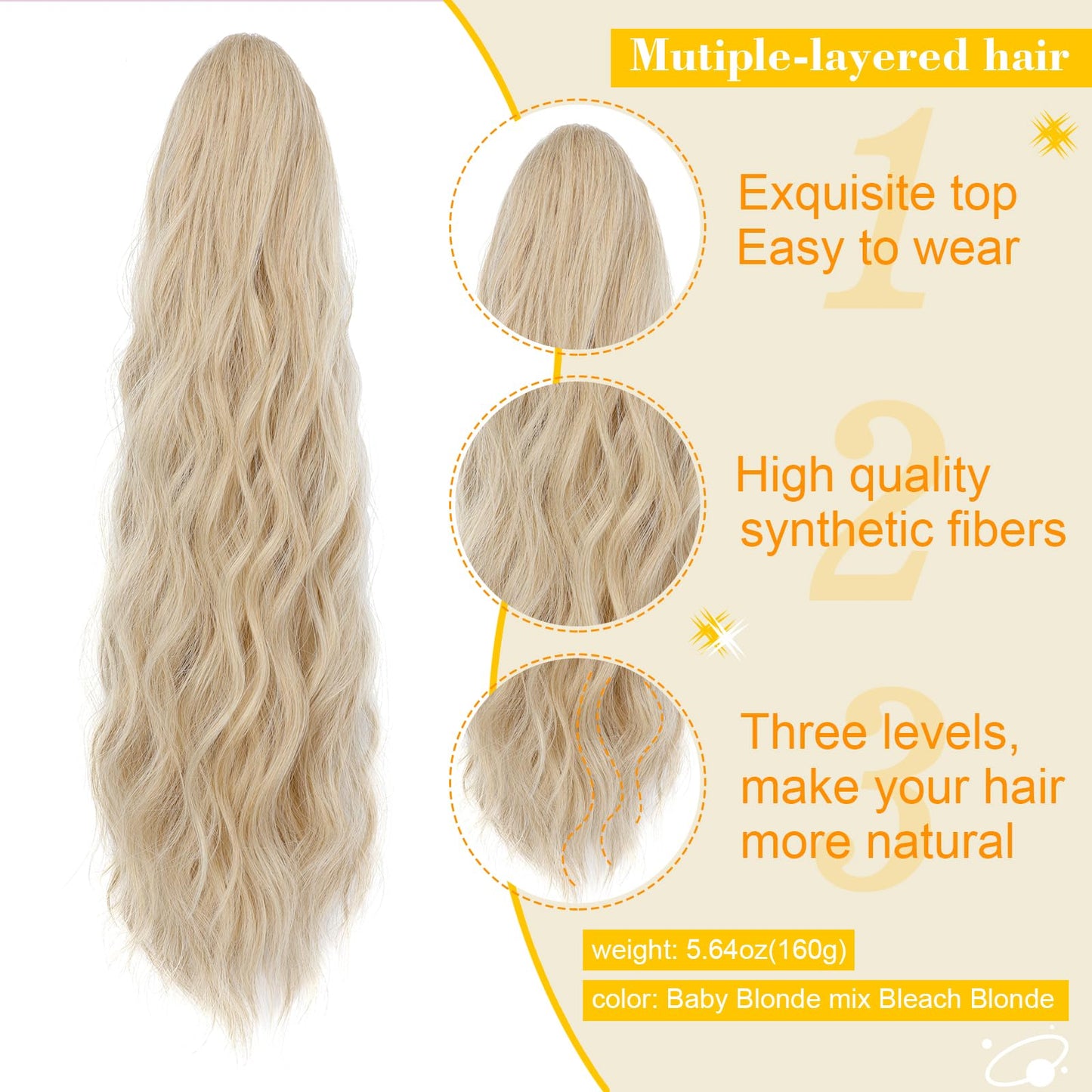 Cephermer Ponytail Extension 24'' Long Wavy Drawstring Pony Tails Hair Extension Ponytail Baby Blonde mix Bleach Blonde Synthetic Hairpiece for Women