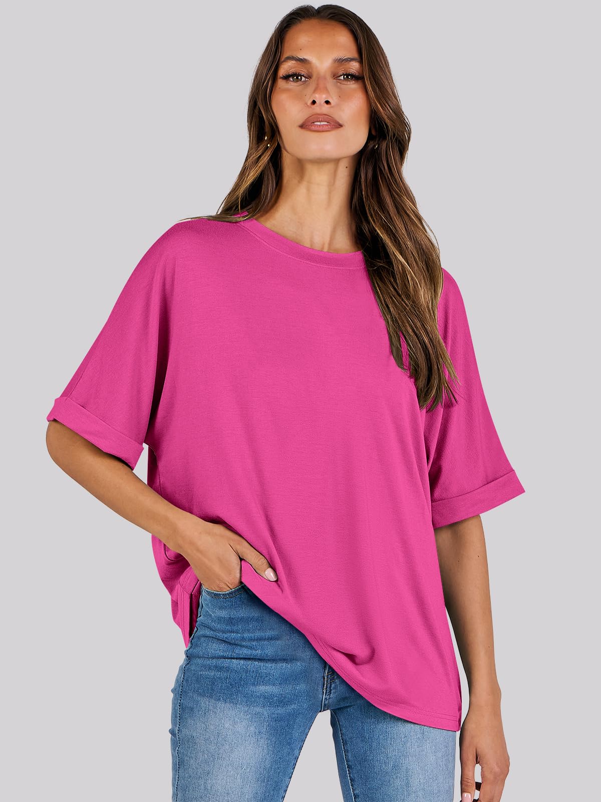 ANRABESS Women's Oversized T Shirts Short Sleeve Crewneck Summer Tops Casual Loose Basic Tee Shirts 2024 Trendy Clothes Hot Pink Small