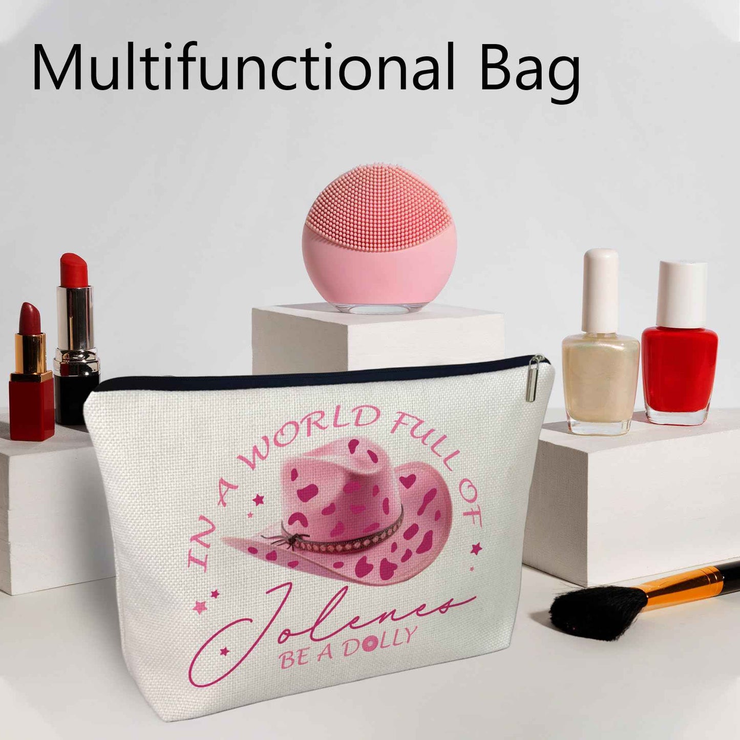 CLHHM Pink Dolly World Costumes Makeup Bags, Western Hat Singer Music Fans Cosmetic Bag for Women, Gifts for Mom Lover Sister Friends Daughter Graduation Halloween Birthday Christmas