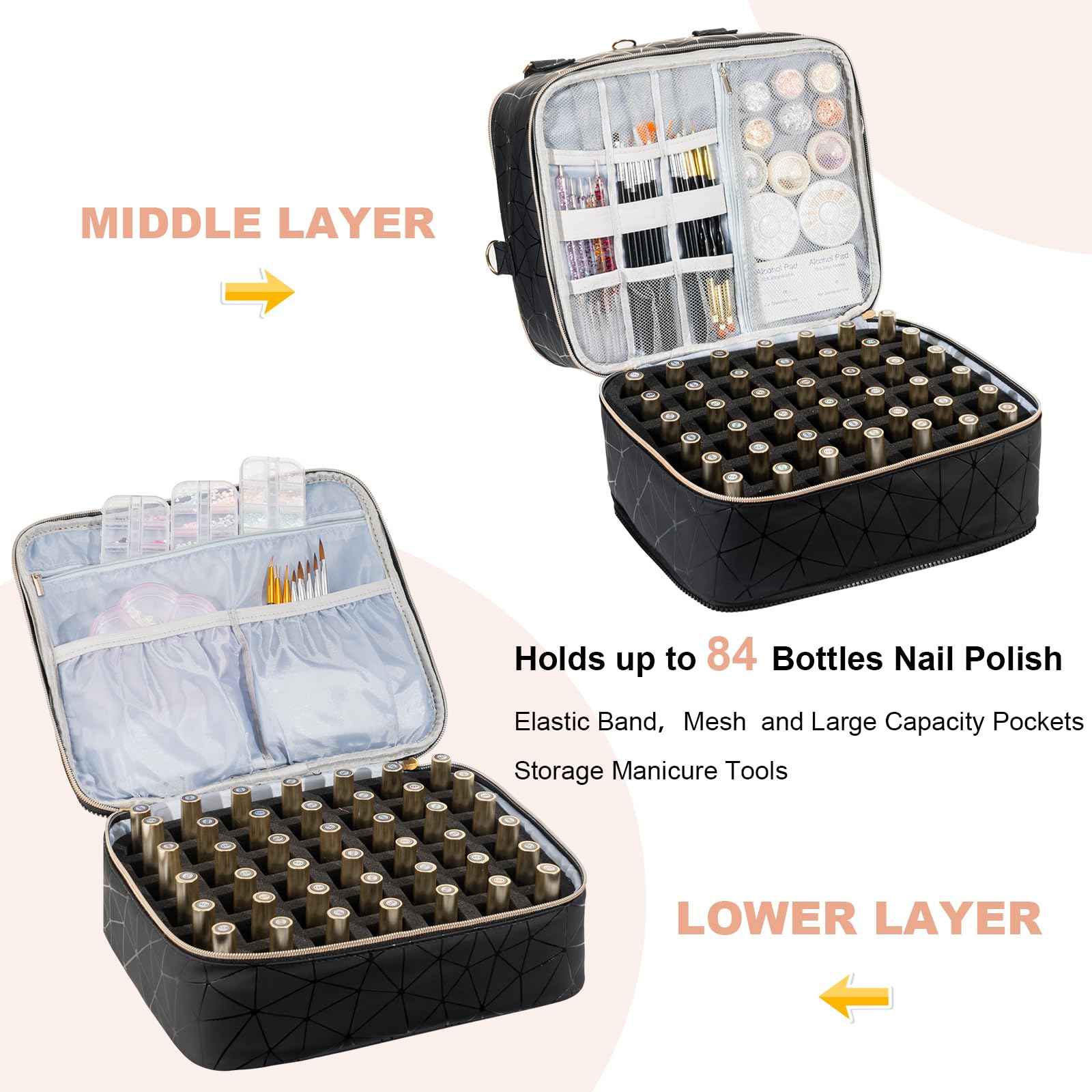 Uross Nail Polish Organizer Bag Holds 84 Bottles Nail Polish & Nail Lamp, Gel Nail Polish Organizers and Storage box for Nail Tech, Nail Kit Supplies Organizer Case-Black