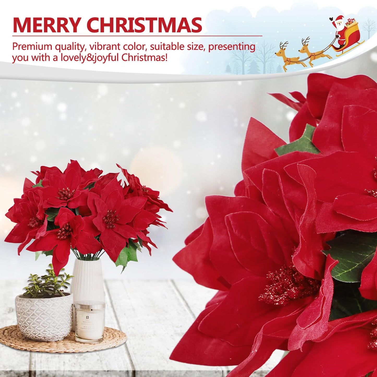 Cekene Christmas Artificial Poinsettia Flowers Decorations, 6 Pack Fake Flowers with Stem Flannel Artificial Red Bouquets Vase Decoration Flowers for Home Wedding Party Table