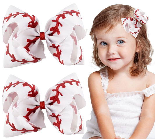 Whaline 2Pcs Baseball Glitter Hair Bow Clips Red and White Baseball Cheer Grosgrain Ribbon Barrettes Alligator Clips Hair Accessories for Girls Teens Toddlers