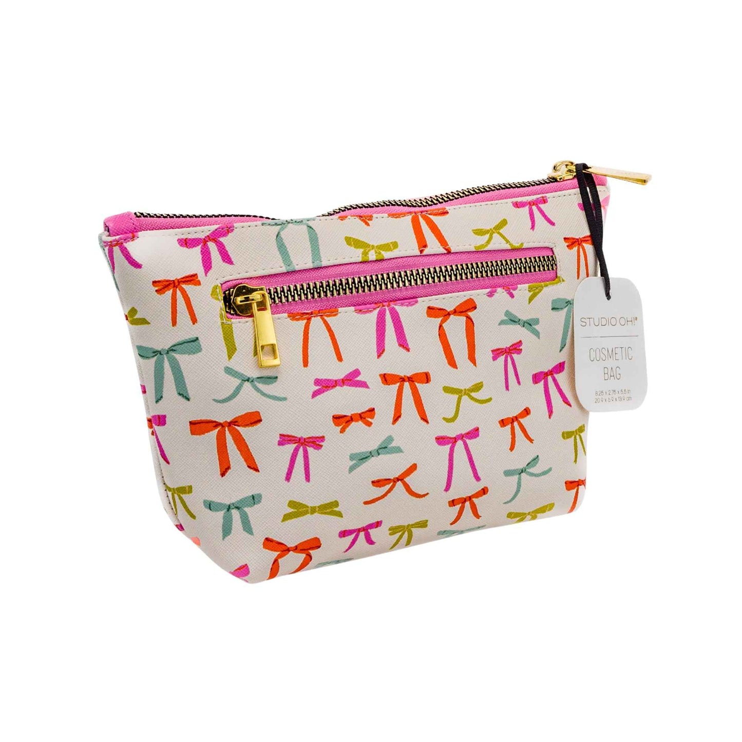 Studio Oh! Cosmetic Clutch - Makeup Organizer for Travel Size Toiletries - Metal Zippered Clutch Closes Securely - Water Resistant Vegan Leather - Put a Bow on It Clutch