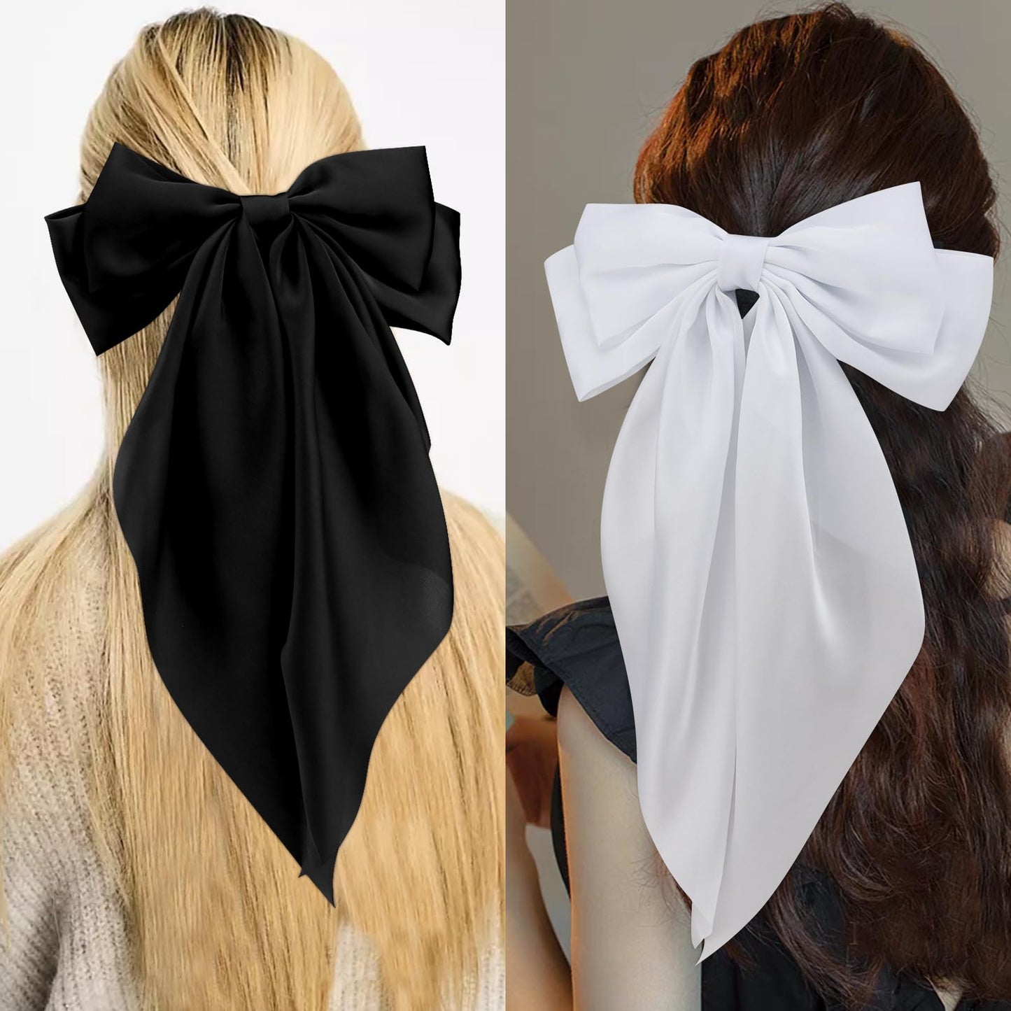 Velscrun Hair Bows for Women Girls 3Pcs White Pink Black Silky Satin Large Bows Hair Clip Oversized Hair Ribbons Long Tail Big Hair Bows Accessories