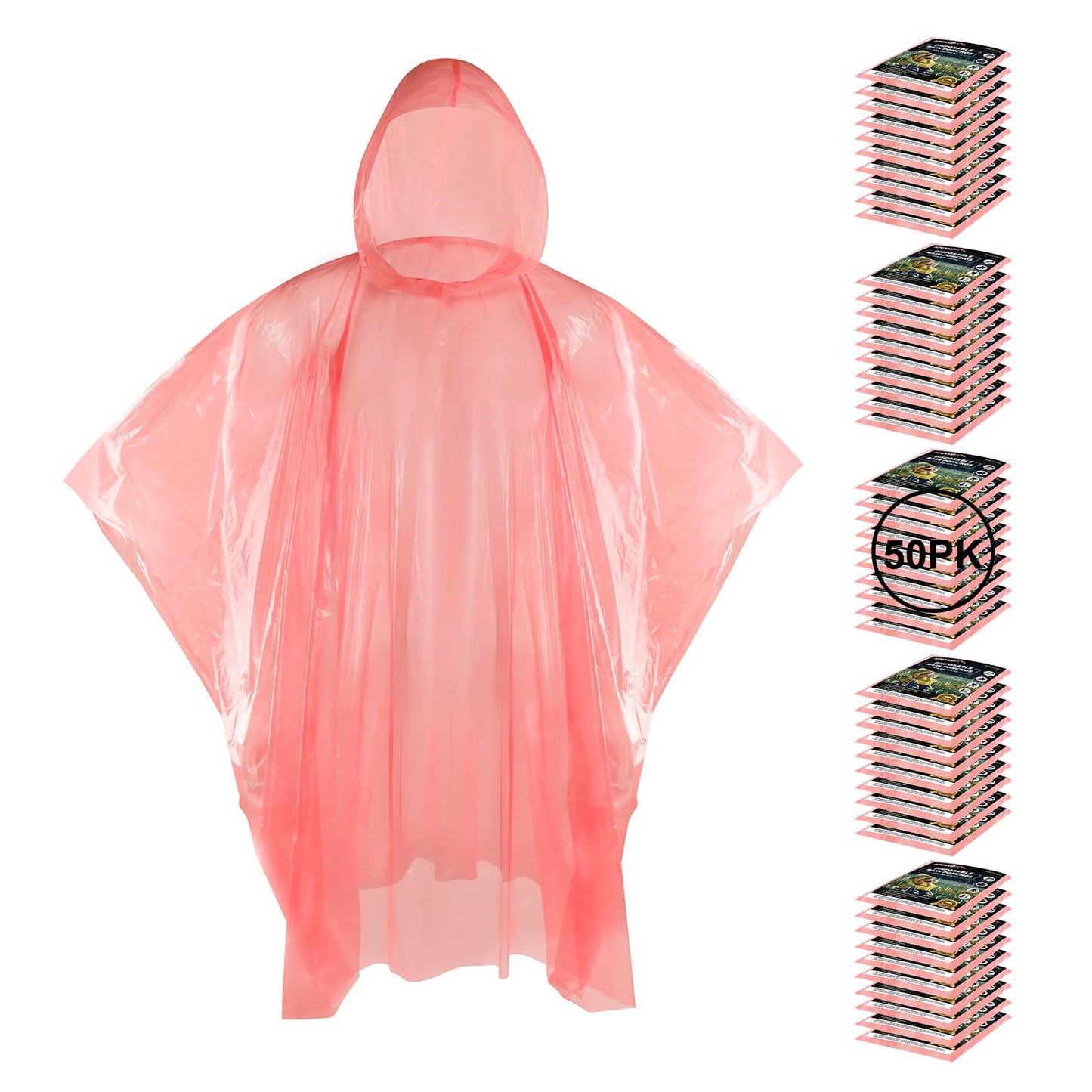 APEXUP Emergency Disposable Rain Ponchos for Adults for Camping Hiking Travelling,Red (50 Pack)