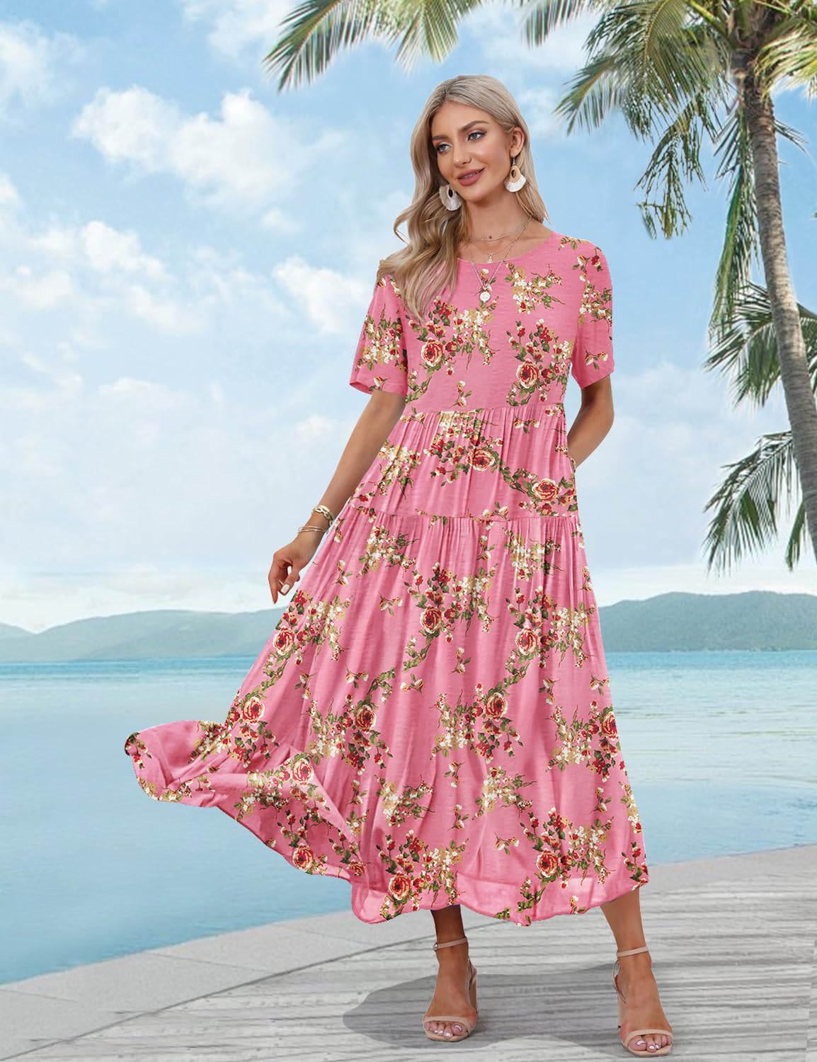 YESNO Women Casual Loose Bohemian Floral Dress with Pockets Short Sleeve Long Maxi Summer Beach Swing Dress M EJF CR335