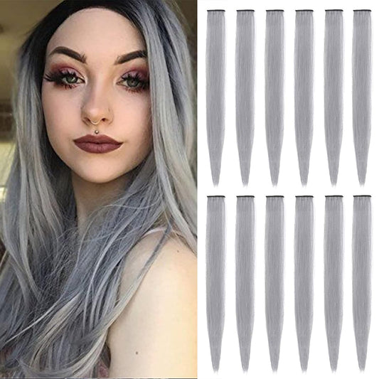 12 PCS Colored Hair Extensions, SOYZMYX Multi-color Party Highlights Clip in Synthetic Hair Extensions, 22 inch Colorful Hair Accessories for Girls Women Kids Hairpieces in Halloween (Light Gray)