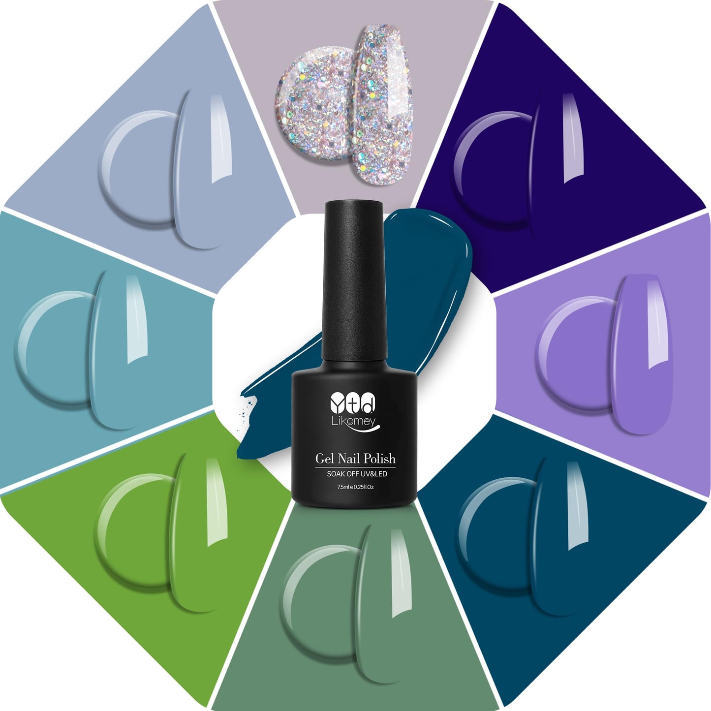 YTD Likomey Gel Nail Polish Set,Ocean World 8 Colors Light Blue Dark Navy Blue Seagrass Green Silver Glitter Color Combination UV Nail Gel Kit,7.5 ml 0.25 oz