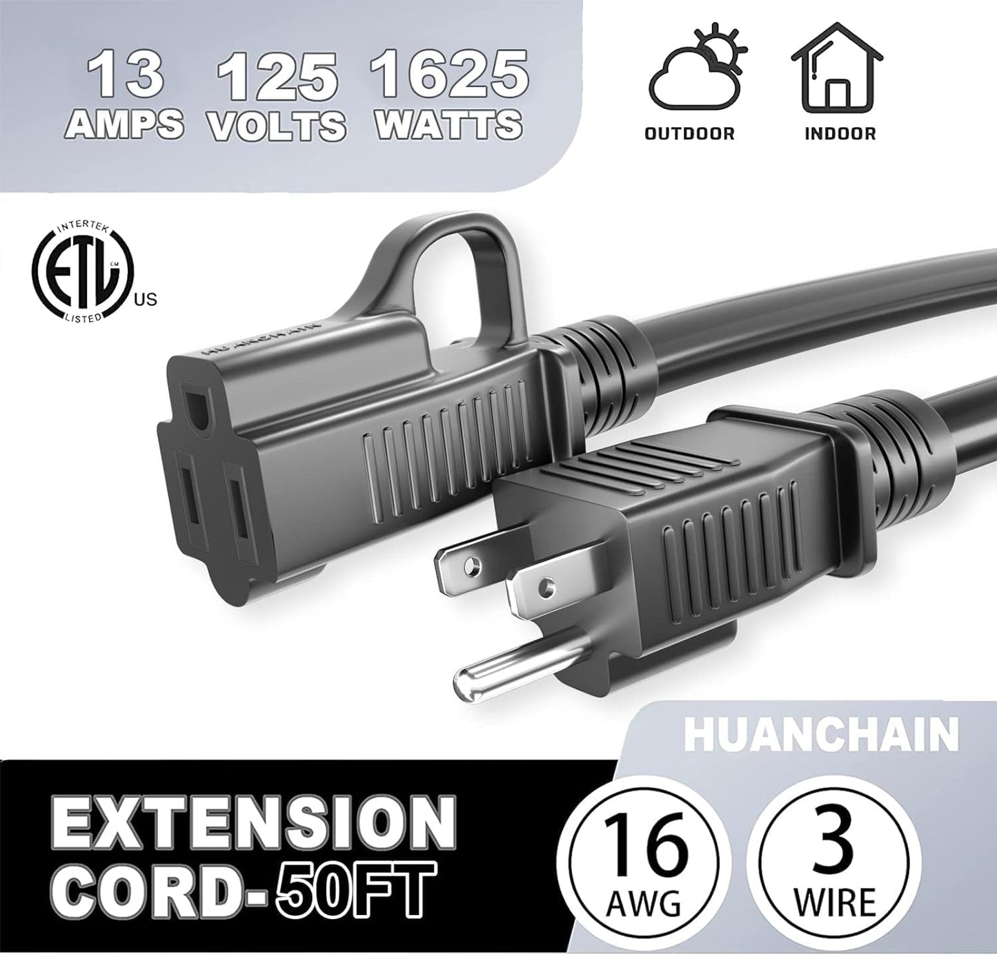 HUANCHAIN Indoor Outdoor Black Extension Cord 6 ft Waterproof, 16/3 Gauge Flexible Cold-Resistant Appliance Extension Cord Outside, 13A 1625W 16AWG SJTW, 3 Prong Heavy Duty Electric Cord, ETL