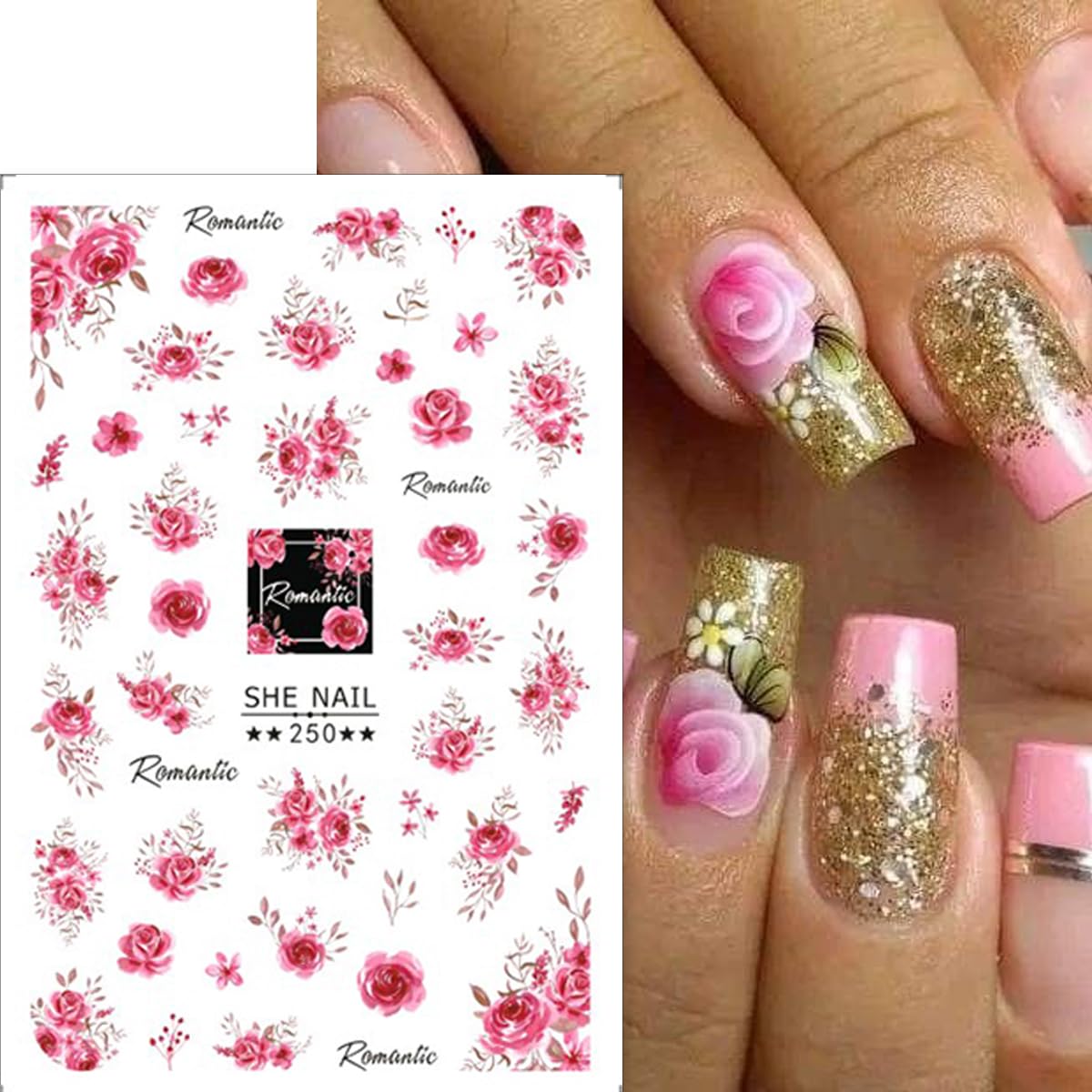 8Sheets Flower Nail Stickers for Nail Art, Flower Nail Decals 3D Self-Adhesive Flowers Rose Nail Art Design Stickers Cute Flower Nail Charms Supplies for Valentine's Day Nail Decoration Accessories