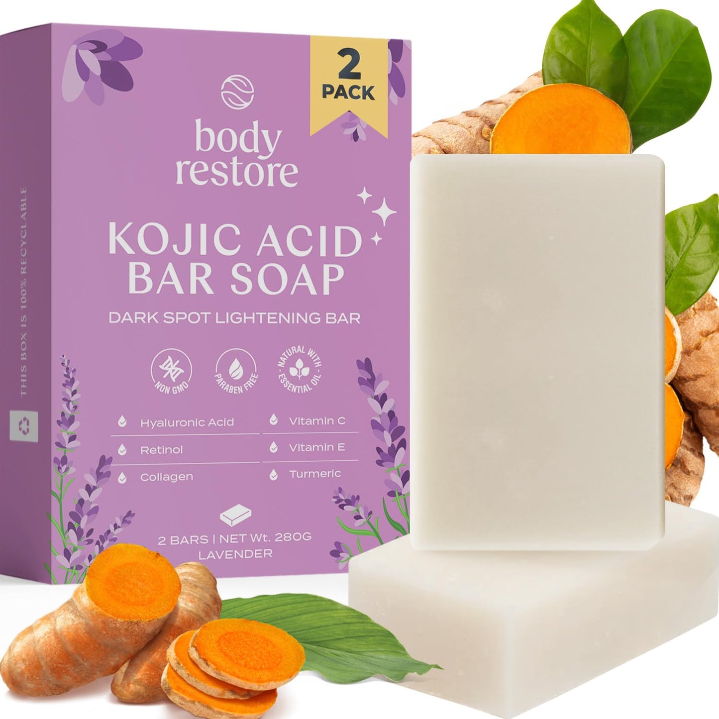 Body Restore Kojic Acid Soap, (Lavender 2 Pack), with Vitamin C,E, Shea Butter, Collagen, Hyaluronic Acid, Turmeric, Retinol For Dark Spots, All Natural Soap Bar, Paraben Free