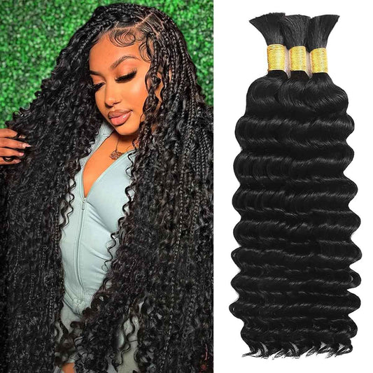 Human Braiding Hair for Boho Braids 18 Inch 120g Deep Wave Bulk Boho Human Hair for Braiding Curly Knotless Bohemian Braids 12A 100% Brazilian Virgin No Weft Extensions 3 Bundles/Pack Natural Black 1B