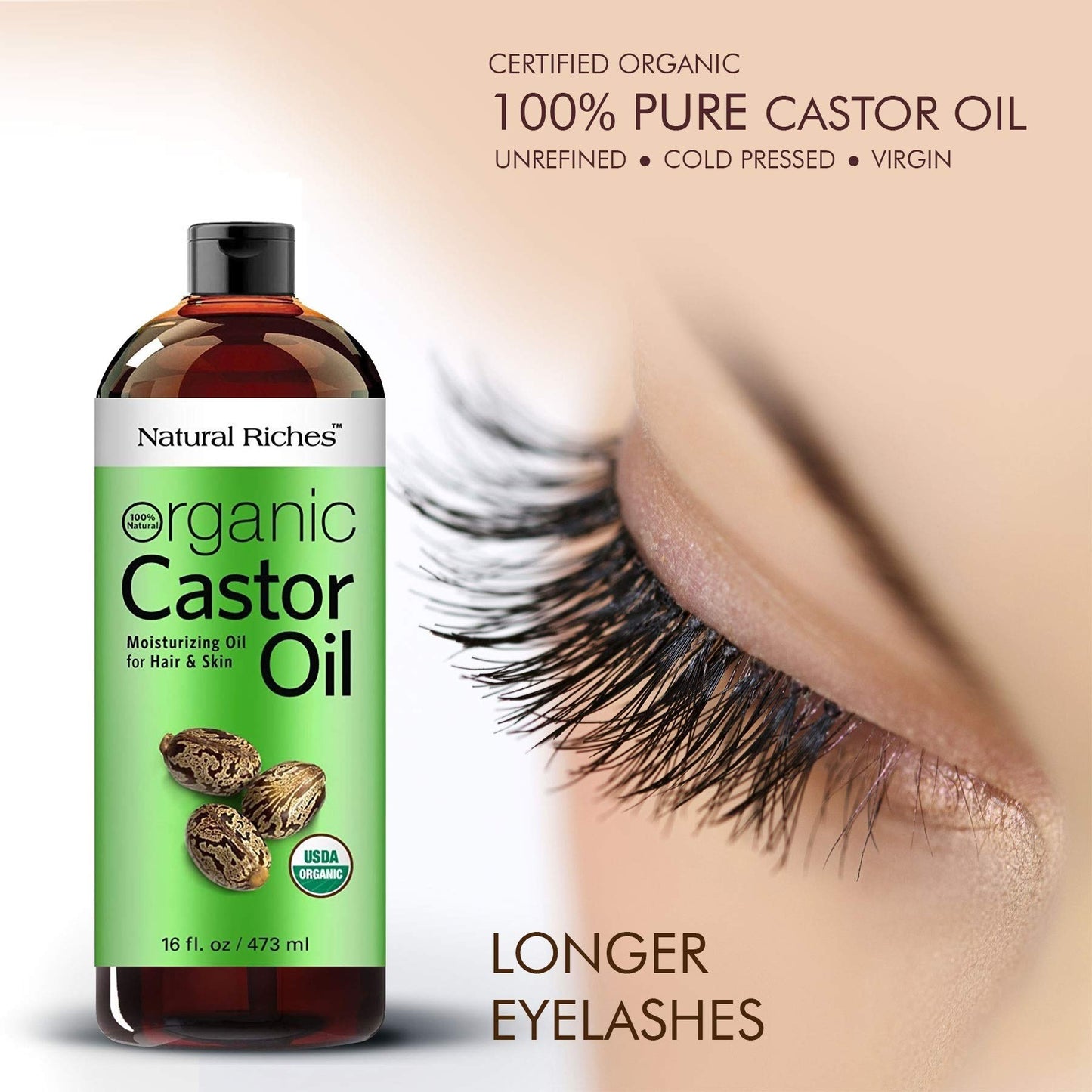 Natural Riches Organic Castor Oil - Cold Pressed and USDA Certified for Dry Skin and Hair - Moisturizes and Helps Growth for Eyelashes, Eyebrows and Hair - 16 fl. oz.