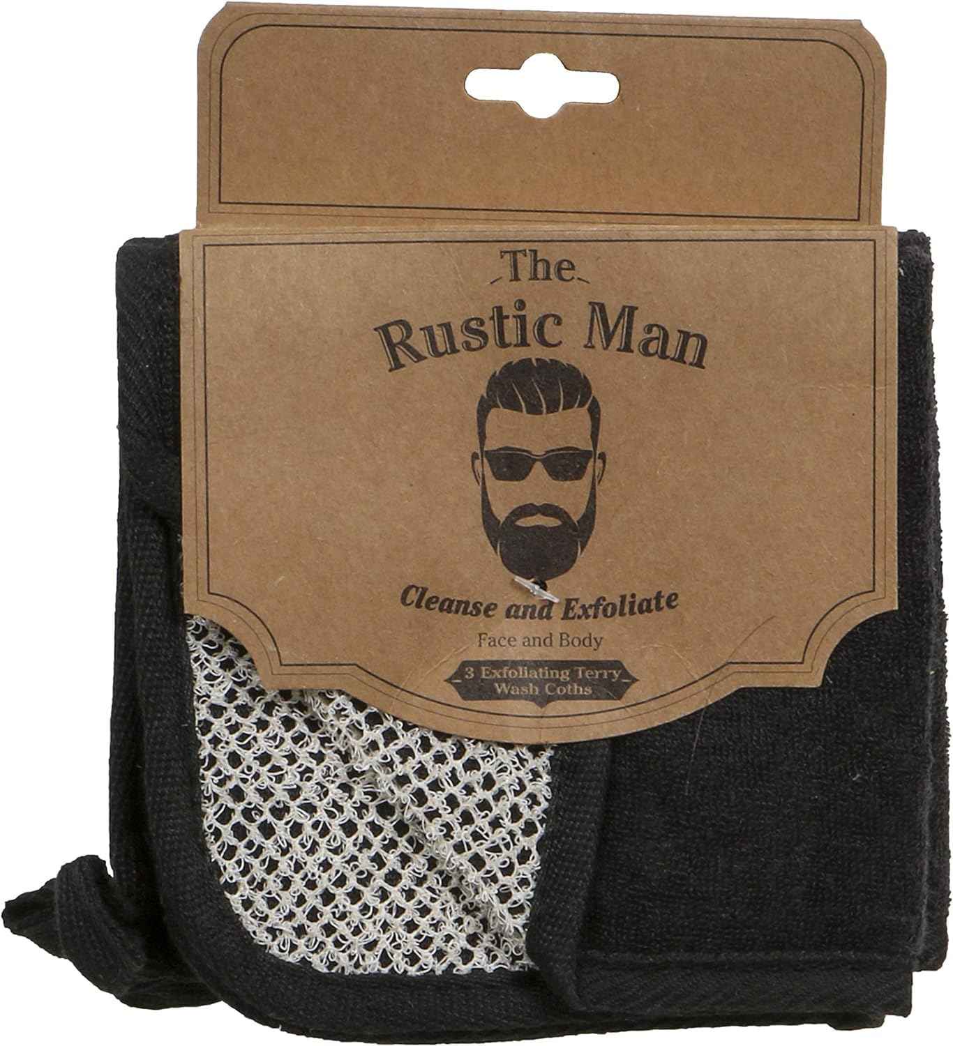 The Rustic Man Terry Wash Cloths for Face and Body, Dual-Sided Cleansing and Exfoliating Washcloths, Machine Wash, Black, 3 Count