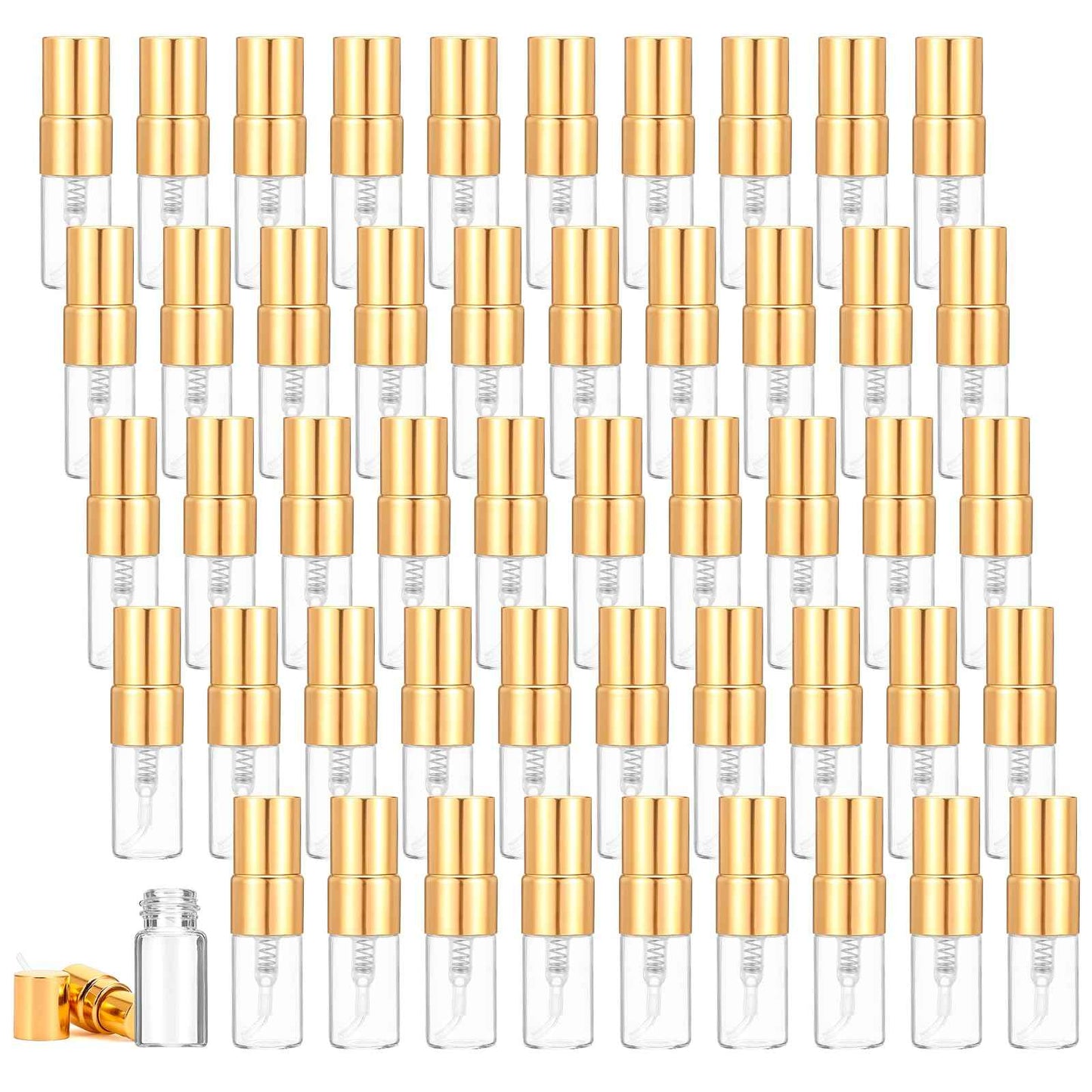 AojSup 50 Pcs Mini Spray Bottles, 2 ml Clear Glass Perfume Bottles, Refillable Fine Mist Perfume Atomizer, Portable Empty Sample Containers for Cleaning, Essential Oils, Travel (Gold Cap)