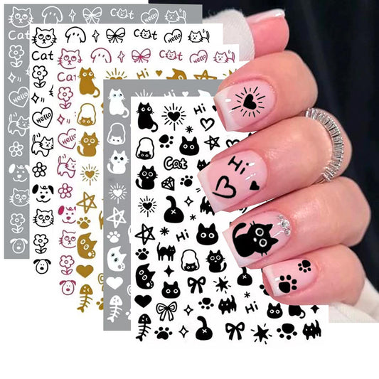 6Sheets Nail Stickers for Cute Cat Nail Art - Kawaii Cat Nail Decals Cute Cartoon Nail Design 3D Self Adhesive Cat Dog Flower Star Heart Animal Cartoon Nail Supplies French Nail Sticker for Nail Decor