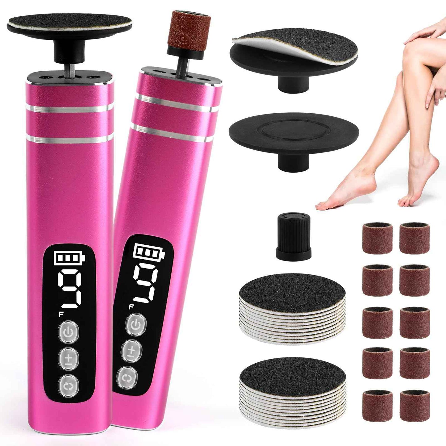 Electric Foot File, 2 in 1 Electric Foot Callus Remover, Adjustable 9 Speed Rechargeable Pedicure Foot Filer with LED Display, Replaceable Sandpaper Discs & Nail Bands (Rose Gold)