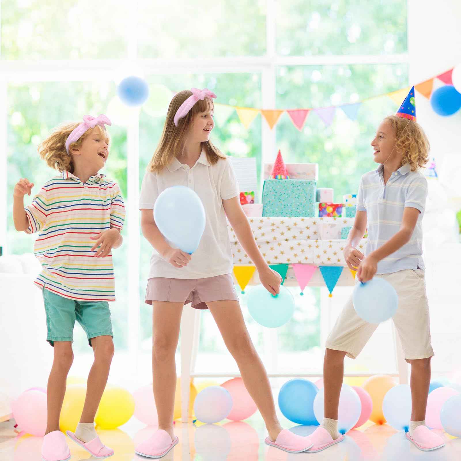 Twistover 12 Pcs Christmas Girls Spa Party Supplies for Kids Gifts Sleepover Party Supplies Include 6 Closed Toe Kids Disposable Slippers 6 Bow Spa Headbands for Makeup Slumber Favors Birthday(Pink)