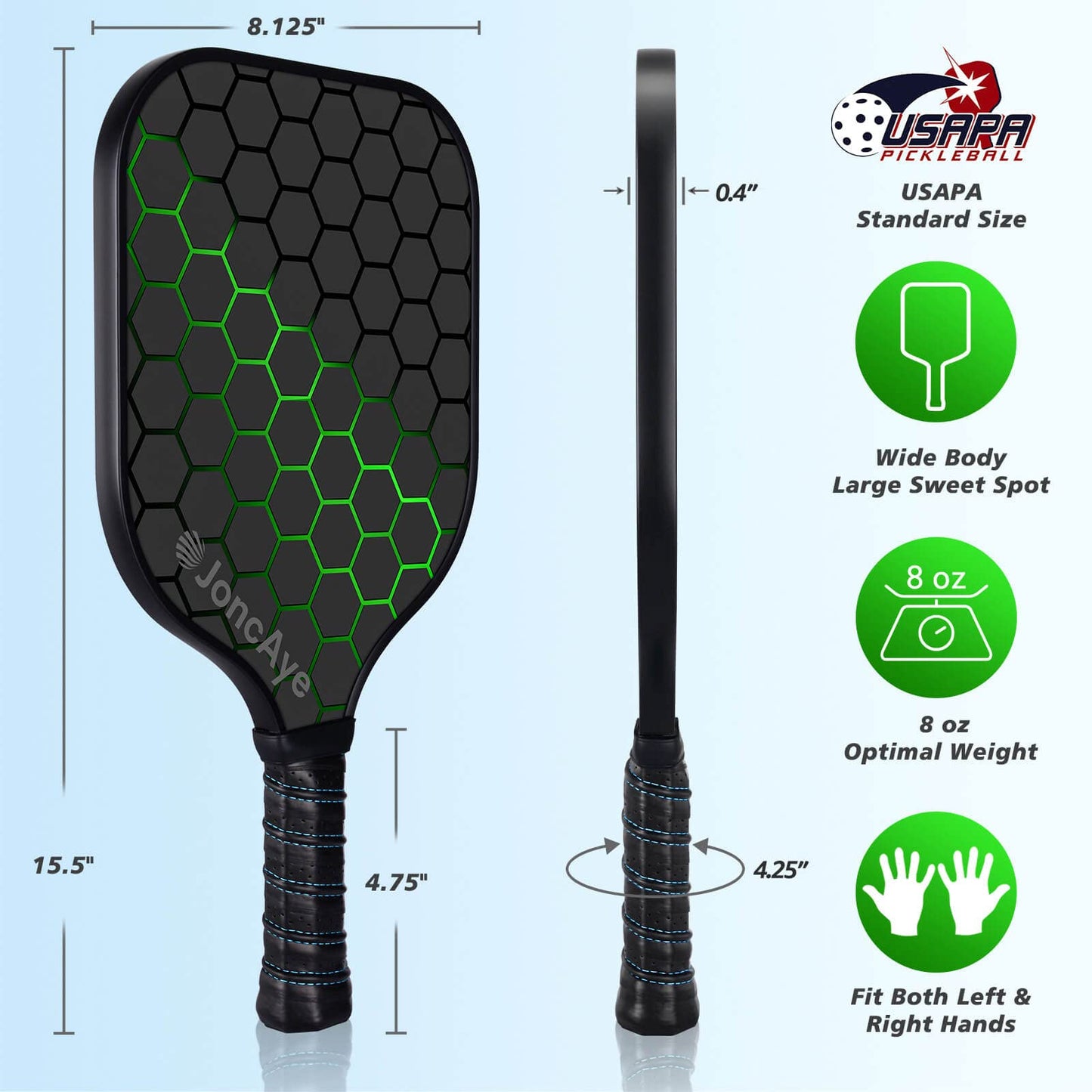 JoncAye Pickleball Racket Set with 2 Fiberglass Paddles and 4 Pickle-Ball Balls, 1 Paddle Bag |USAPA Approved Pickleball Racquets for Adults, Kids, Pickleball Gear w/Accessories