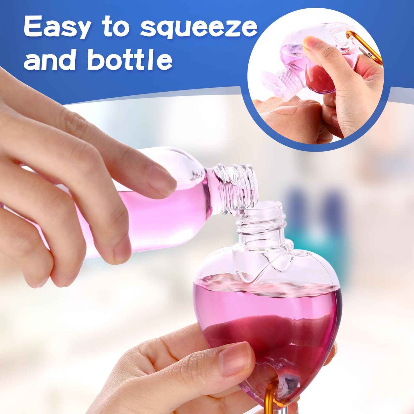 FairySandy 100 Pcs Traveling Bottles with Keychain 2oz Clear Keychain Bottle Plastic Empty Refillable Liquid Packing Container Squeeze Plastic with Lid for Liquid Cream (Heart)