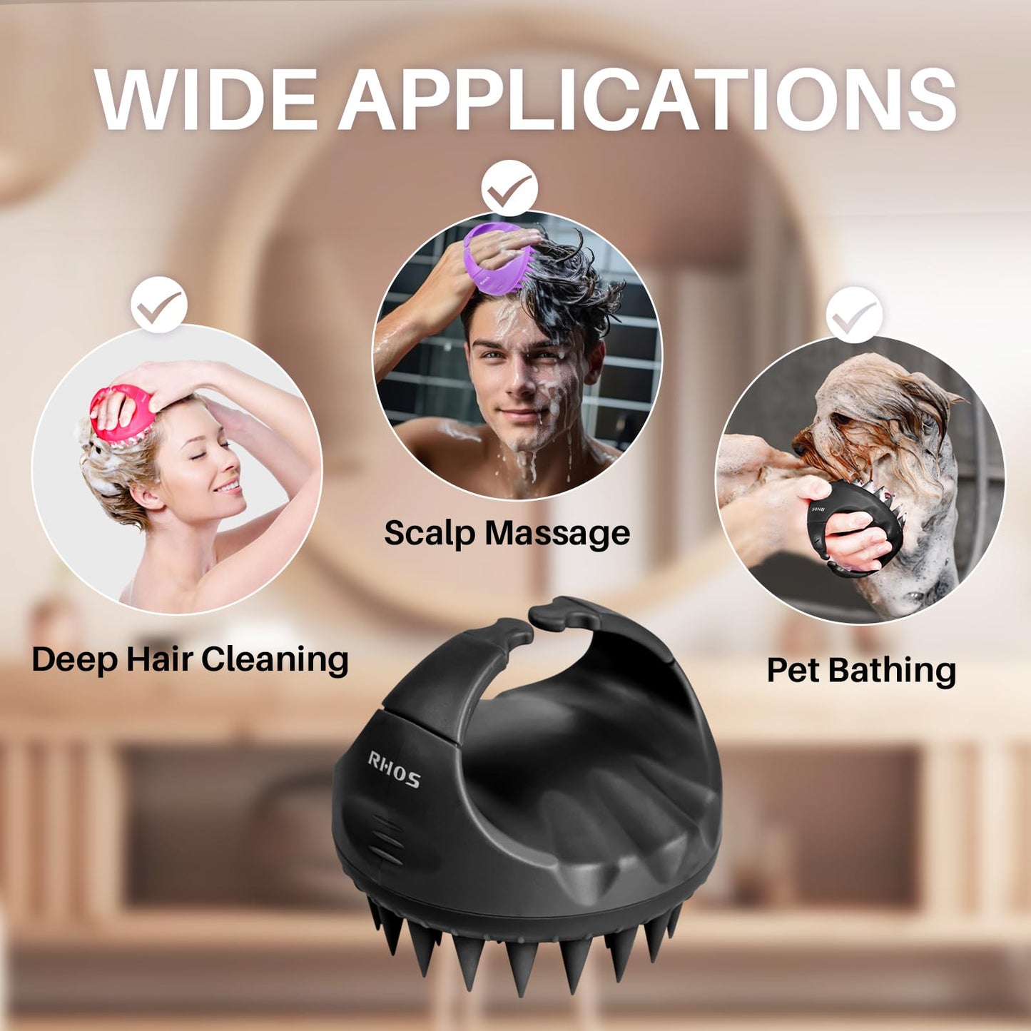 RHOS Scalp Massager Shampoo Brush-Hair Scalp Scrubber with Soft Silicone Bristle,Scalp Exfoliator for Scalp Exfoliator&Hair Growth-Hair Shampoo Brush for Women,Men,Kids and Pets(Black)