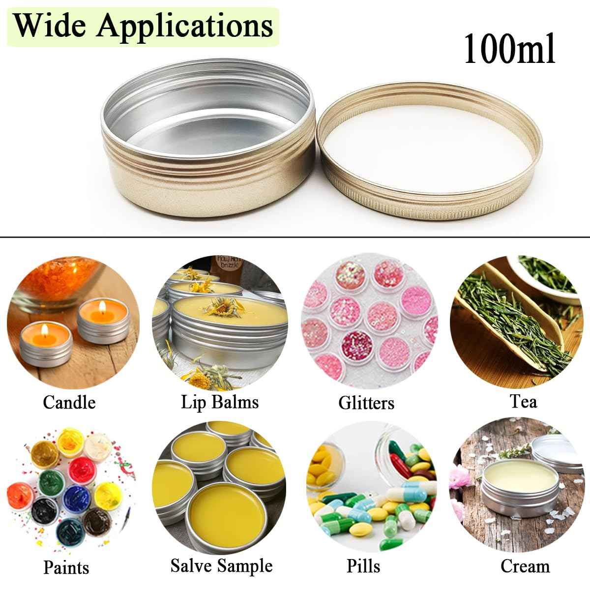 Wopanxye Aluminum Tin Cans, 6pcs 100ml/3oz Metal Round Storage Tin, 100gram Makeup Sample Container, Empty Travel Tins for Candle, Salve, Cosmetics, Face Cream, Lip Gloss Balm, Paints, Tea, Matte-Gold